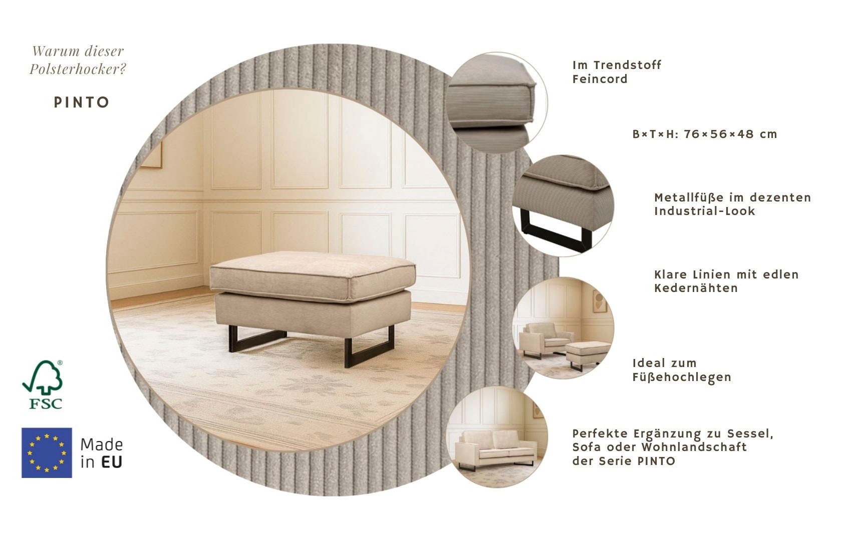 Home affaire Tabouret rembourré »Pinto« mit Keder, Metallfüssen und auch in Cord Bezug erhältlich