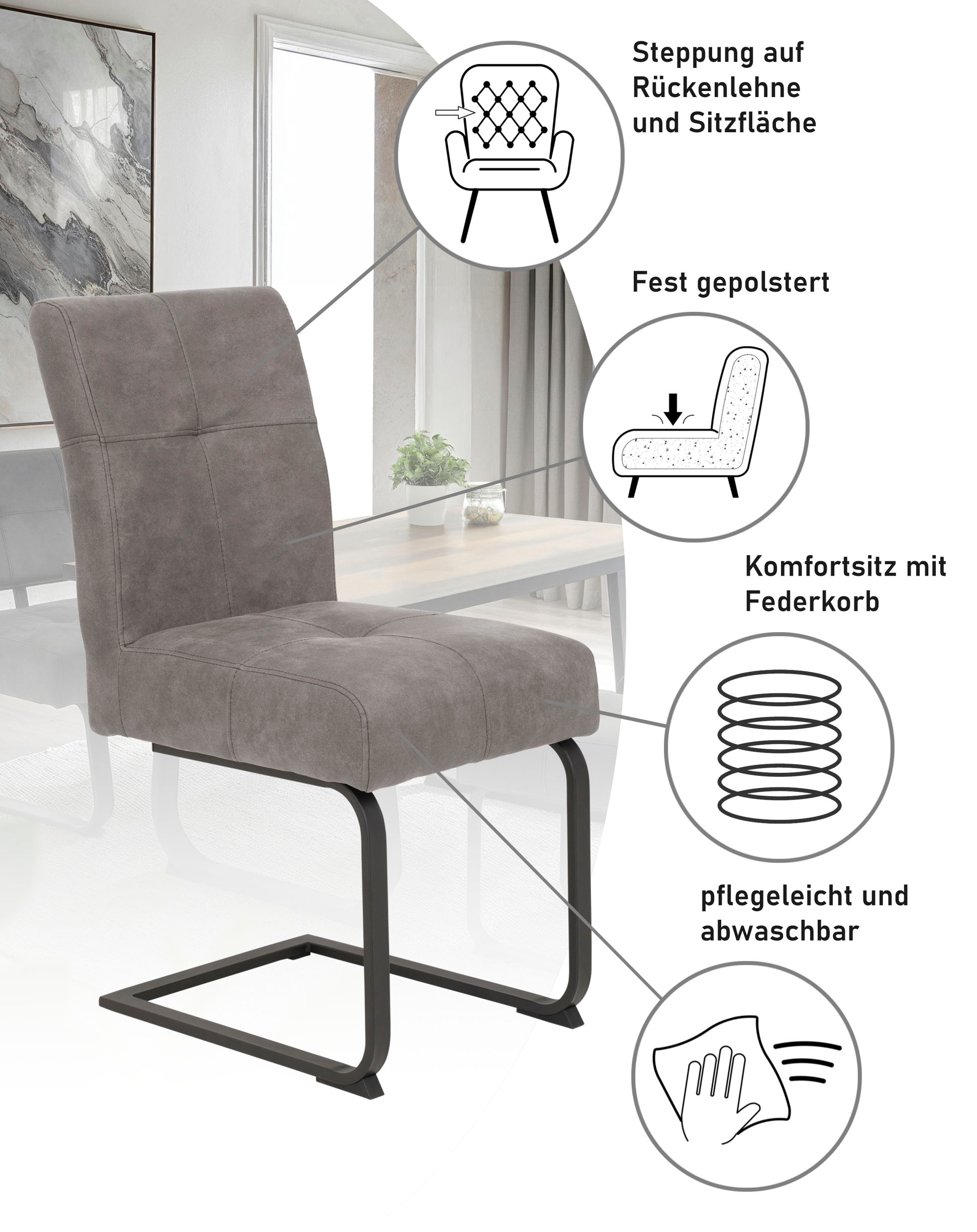 HELA Chaise de salle à manger »Luise S Schwingstuhl, Freischwinger, TOPSELLER! 2er-Set« (Set) 2 cuisSitz mit Federkern, Extra dicke Polsterung, Küchenstuhl, OTTOs Choice