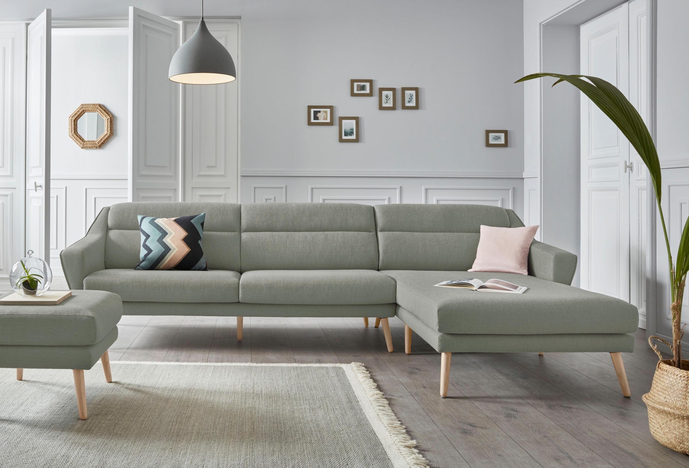 GOODproduct Ecksofa »Bille L-Form« mit Naht im Rückenkissen und Beinen aus Eichenholz