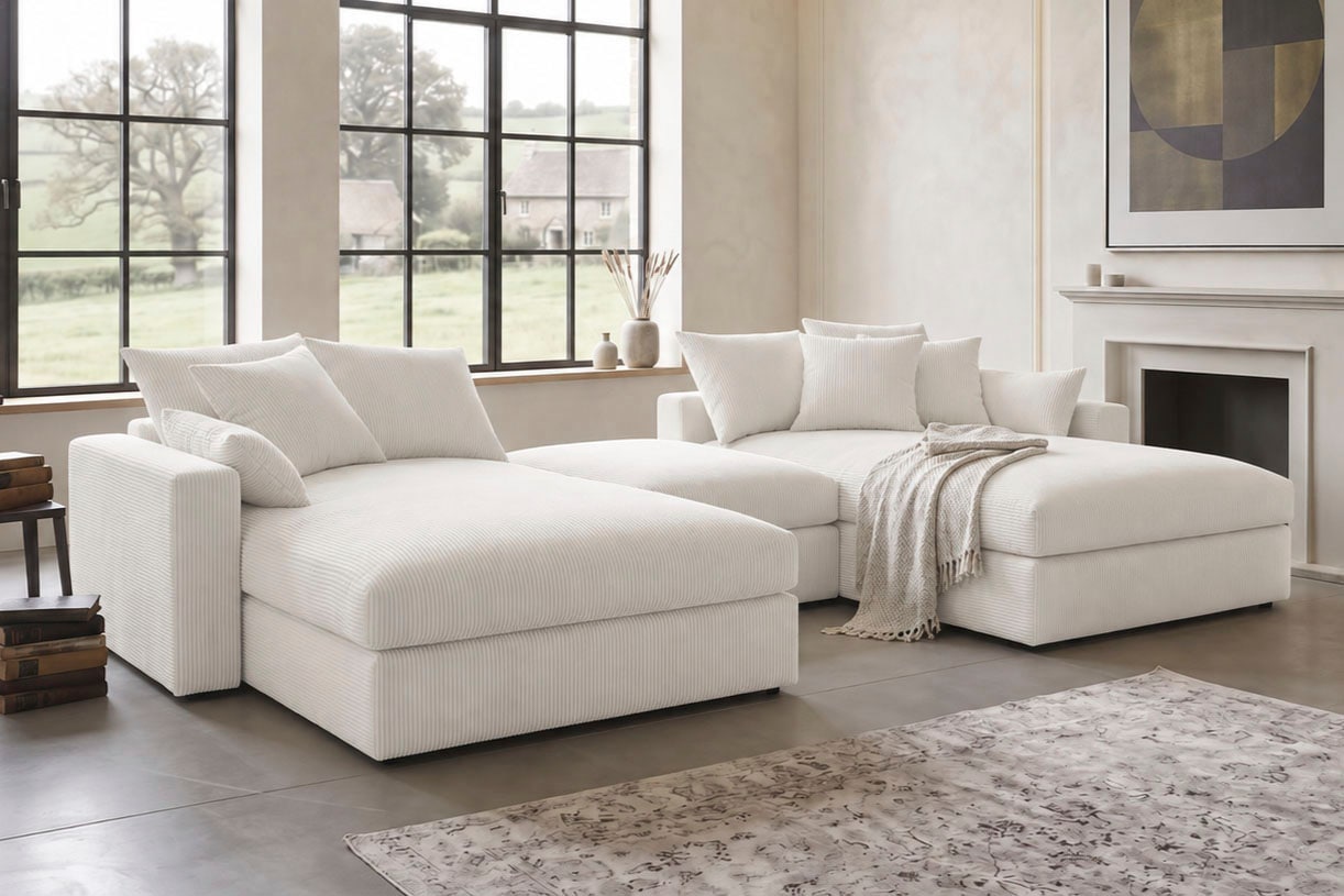 GOODproduct Paysage de salon »Cosy Lounge U-Form, Breite 385 cm« méga canapé recouvert de velours côtelé, avec suspension à ressorts et 5 coussins décoratifs