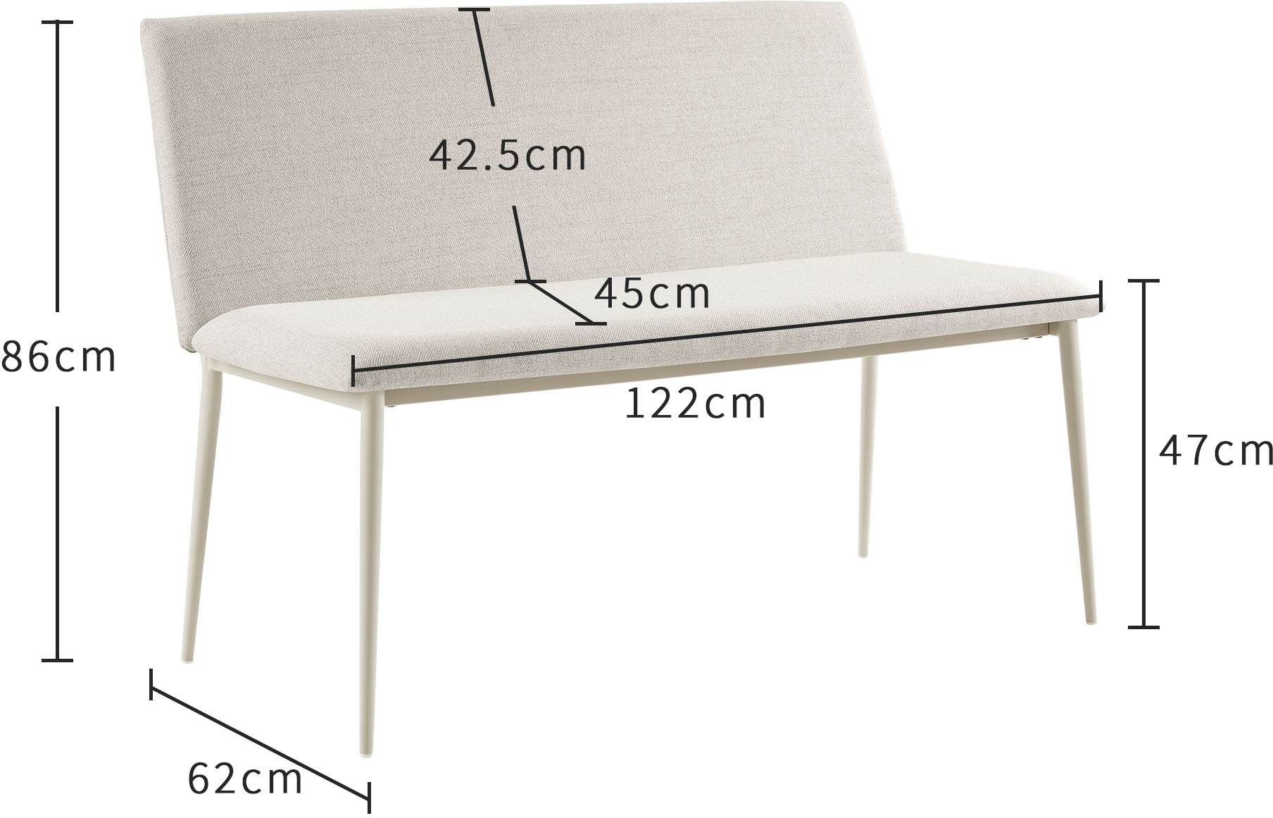 GOODproduct Ensemble de salle à manger »Kryce« Set, 120 cm Esstisch + 2 Stühle + Bank, 4 cuis tlg. Strukturstoff, robustem Metallgestell, Tischplatte aus Sinterstein