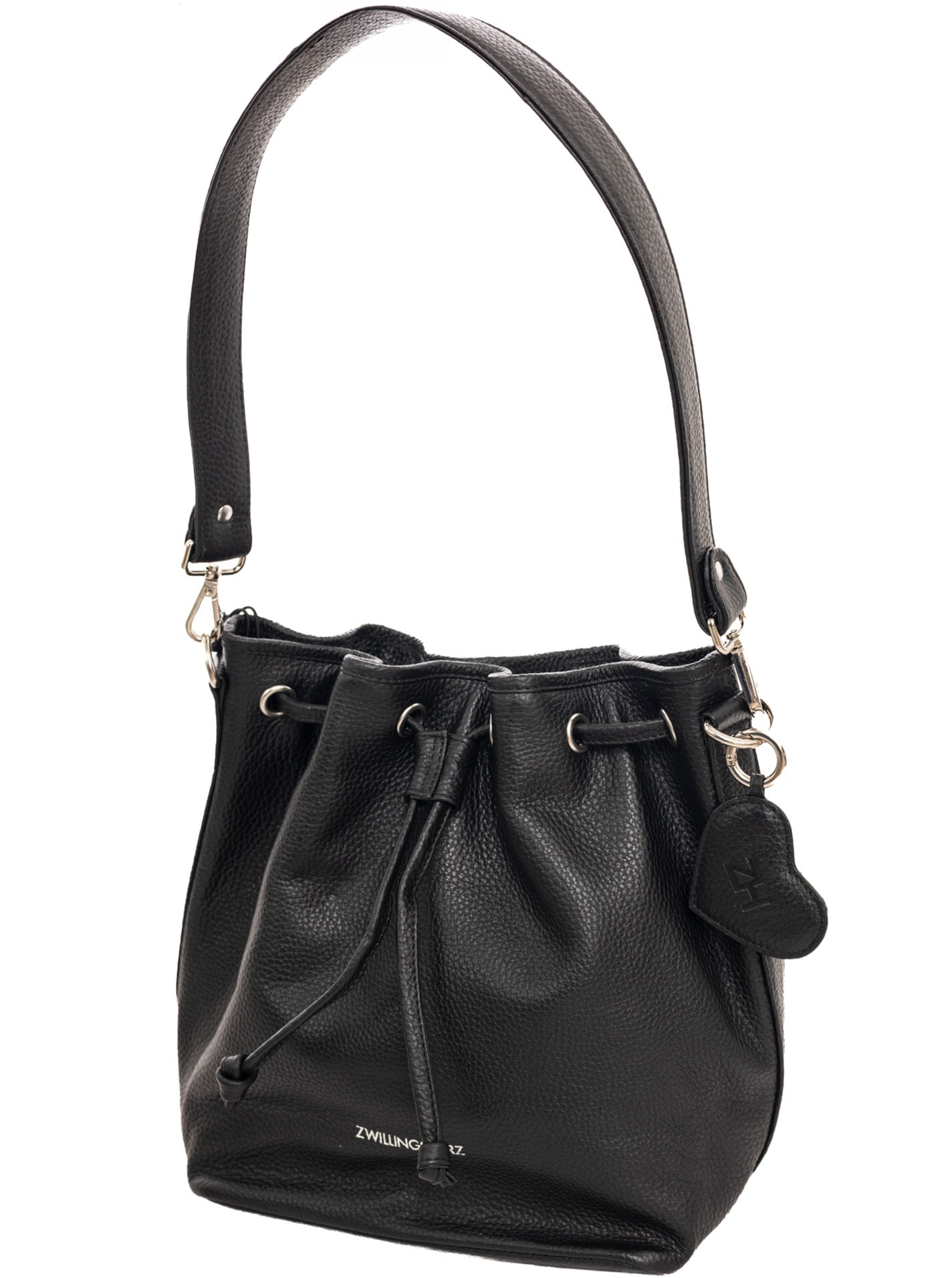 Zwillingsherz Sac à main »"Drawstring Bag"« Design sac, fermeture à cordon, cuir souple, pendentif en forme de cœur