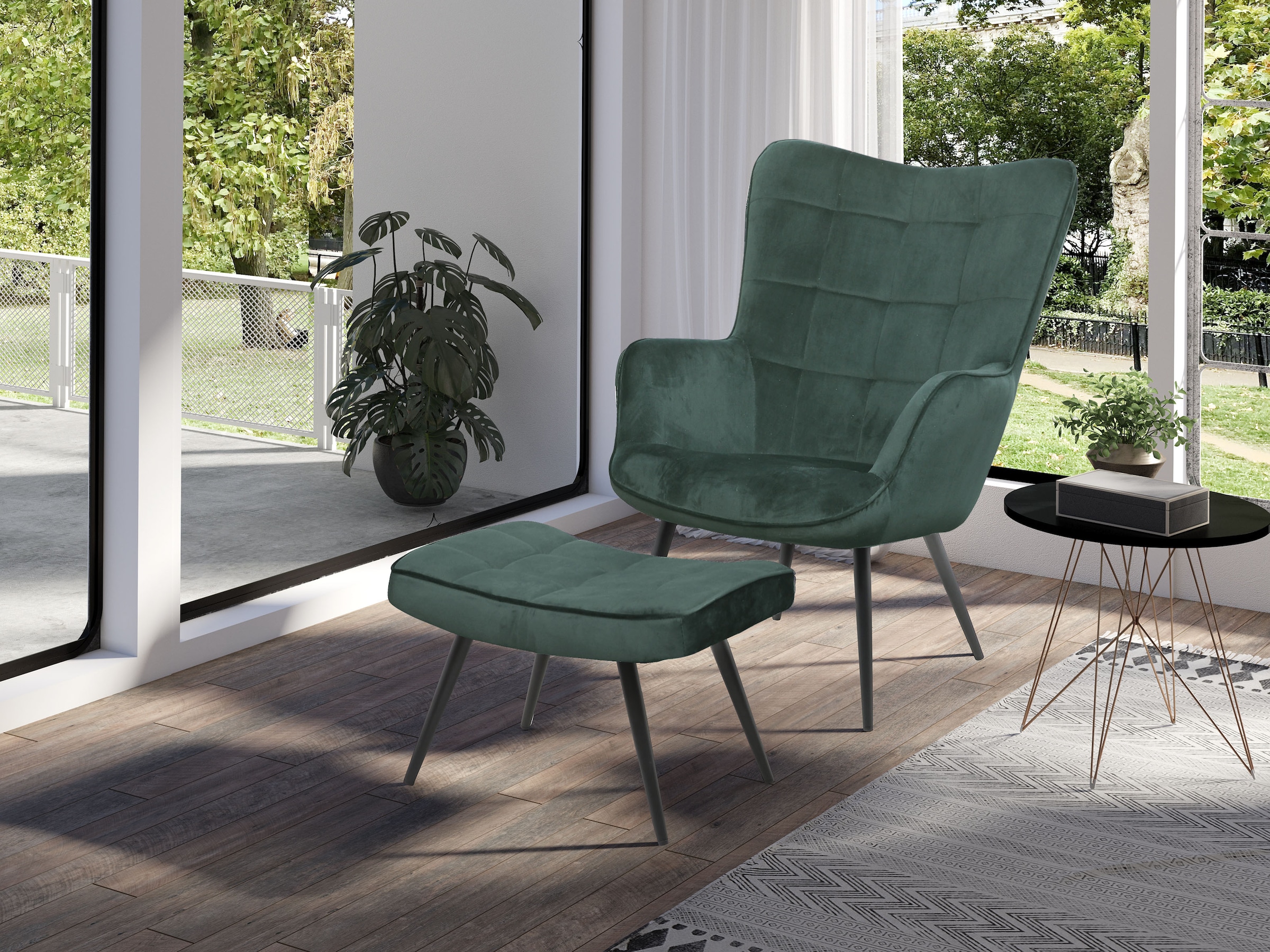byLIVING Fauteuil »UTA« Bezug Samt in dunkelgrün, Gestell Metall in schwarz, Schaumstoff