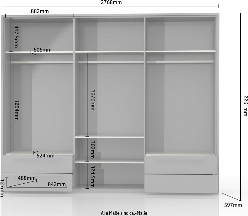 GOODproduct Drehtürenschrank »Piano, inklusive Rahmen und Beleuchtung, soft-close-Funktion« 277 oder 322cm breit, 226cm hoch, mit 4 Schubladen,  UV lackiert, hochglänzend weiss oder beige, FSC-zertifiziert
