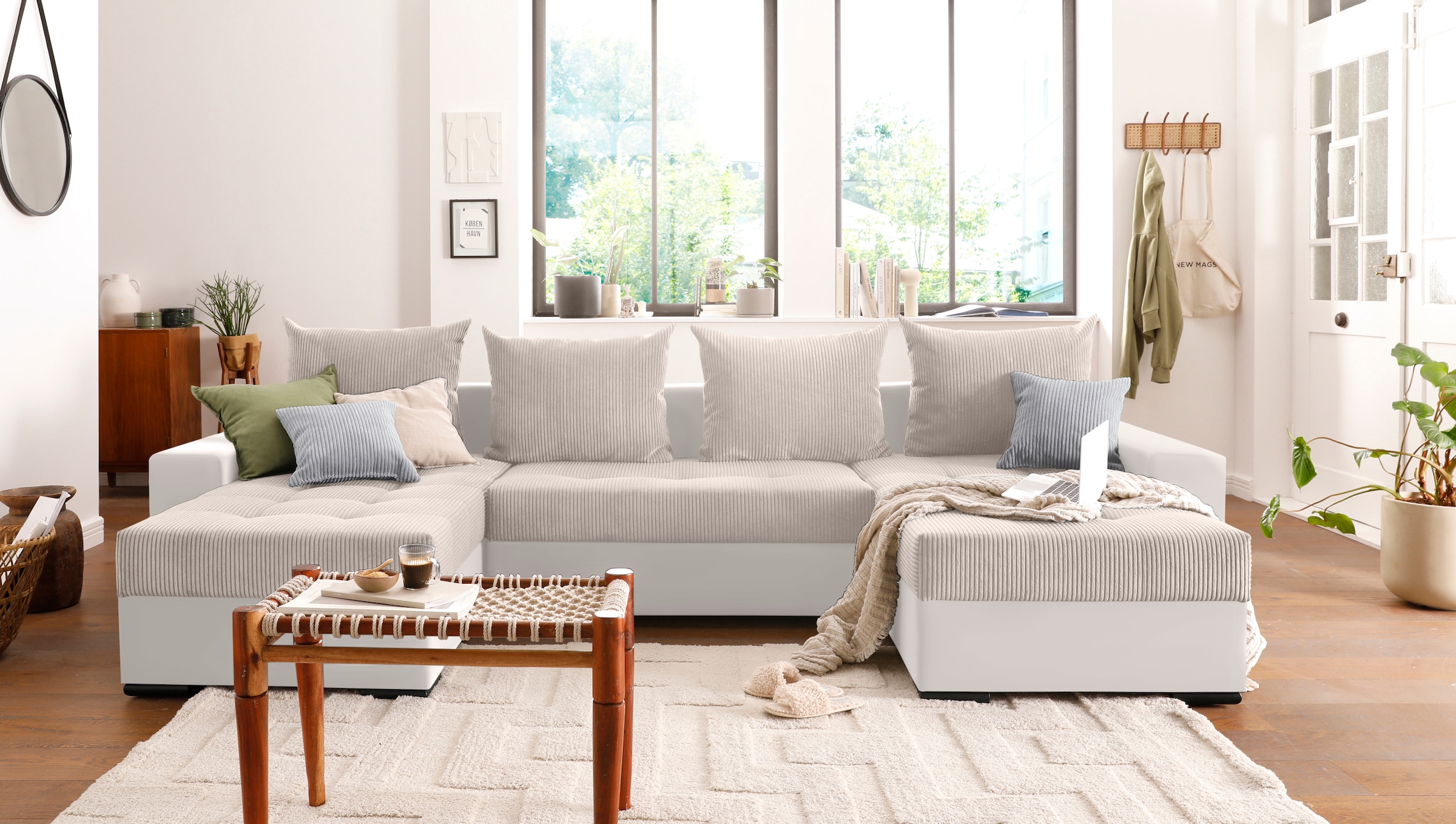 COLLECTION AB Paysage de salon »Josy XL U-Form, B: 313 cm in Cord, Cord-Mix« mit Bettfunktion, Bettkasten & 2 Zierkissen, Federkern