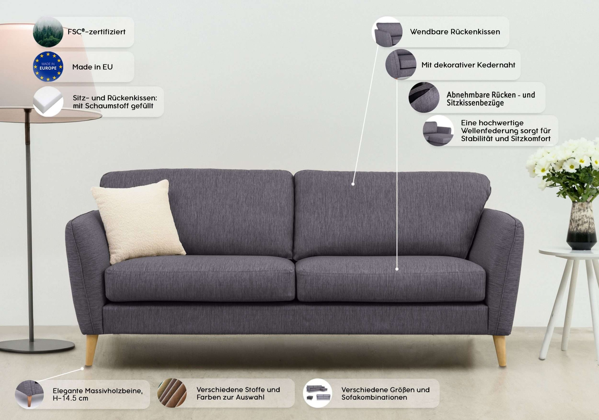 Home affaire 2-Sitzer »MARSEILLE Kompaktsofa 170 cm, Cord, Flachgewebe, Struktur, Webstoff« Massivholzbeine Eiche, Landhausstil, Wellenunterfederung