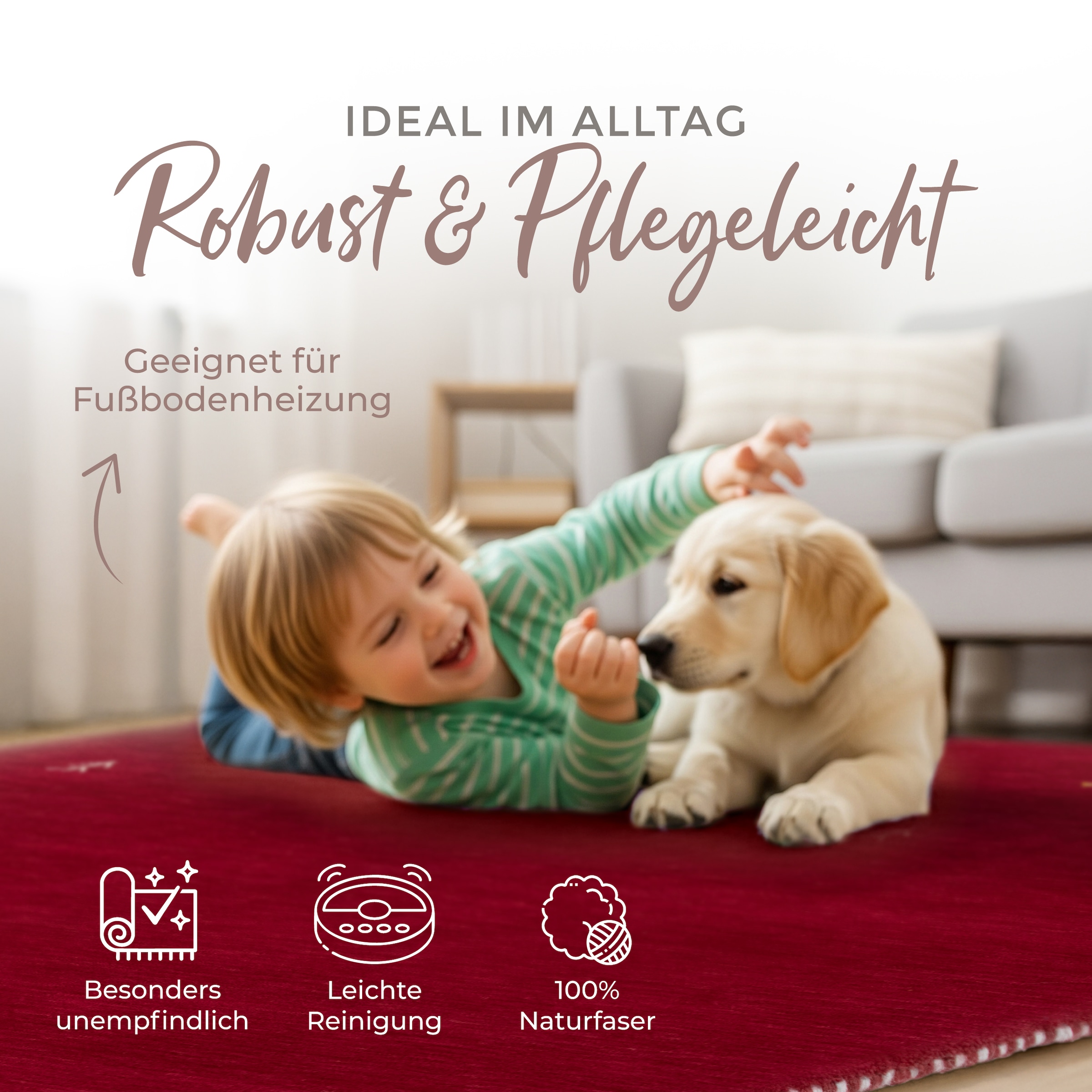 carpetfine Tapis en laine »Gabbeh-Uni« Carré 15 mm Höhe reine Wolle, handgewebt, Gabbeh Loom Tiermotiv, Sonderform Quadrat