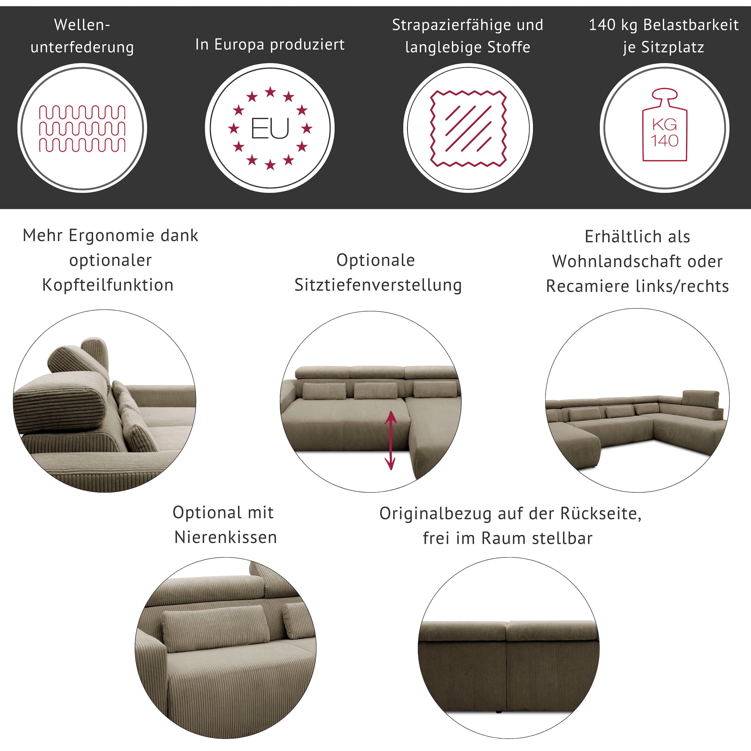 DOMO collection Paysage de salon »Brandon, belastbar bis 140kg/ Sitz, B/T: 359/228 cm, U-Form« ohne Sitztiefenverstellung, Luxus-Microfaser, dunkelgrau