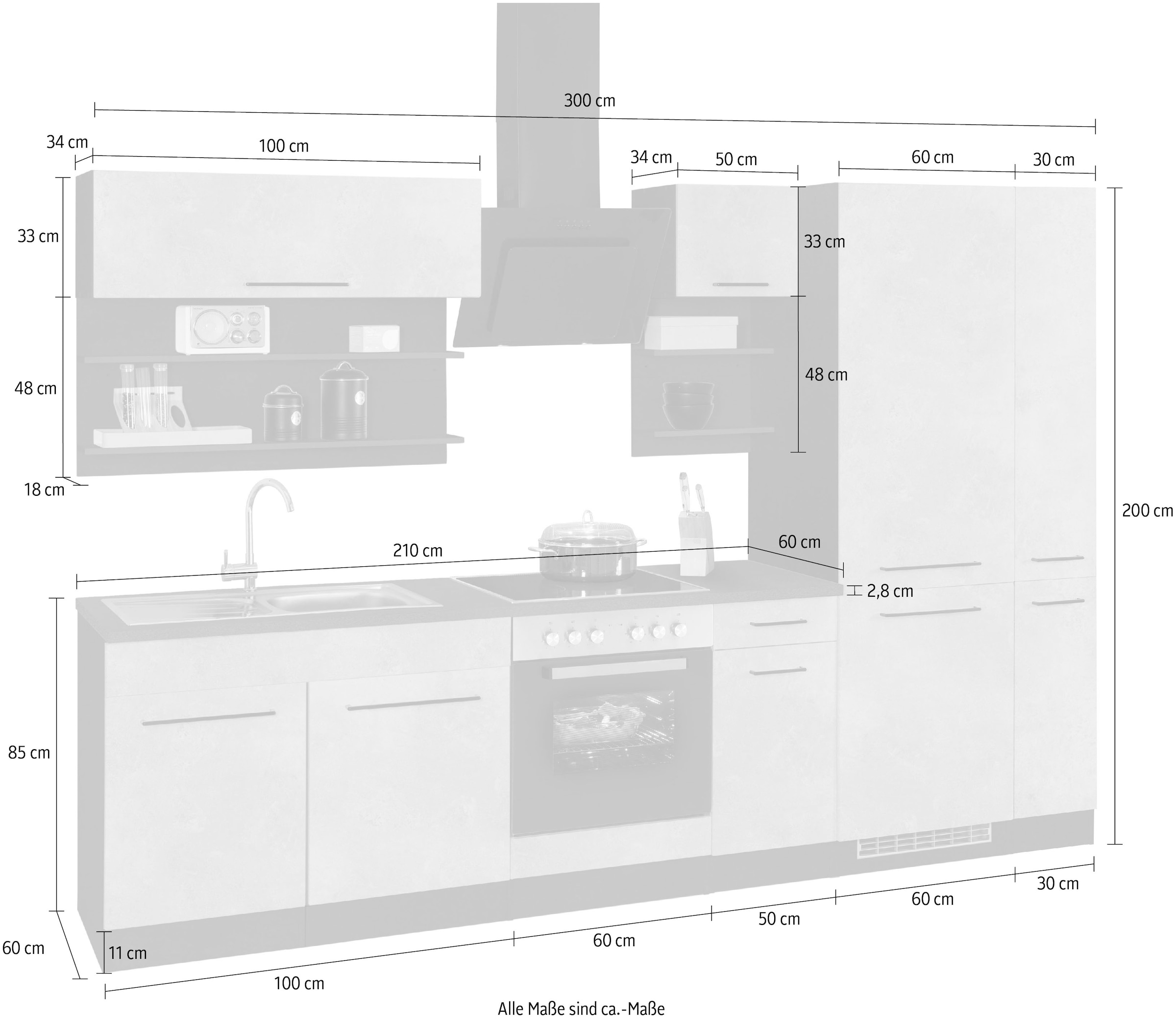 KOCHSTATION Küchenzeile »KS-Tulsa« ohne E-Geräte, Breite 300 cm, schwarze Metallgriffe, MDF Fronten