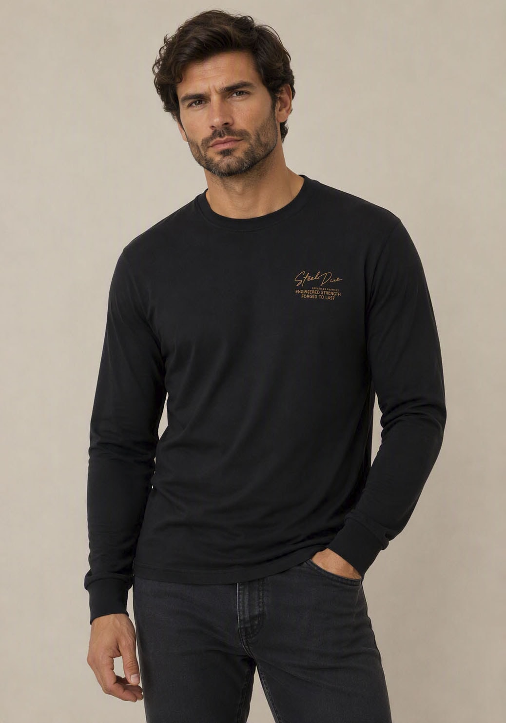 Man's World Rundhalsshirt schmale Passform, mit Langarm, unifarben, mit Print und Stickerei
