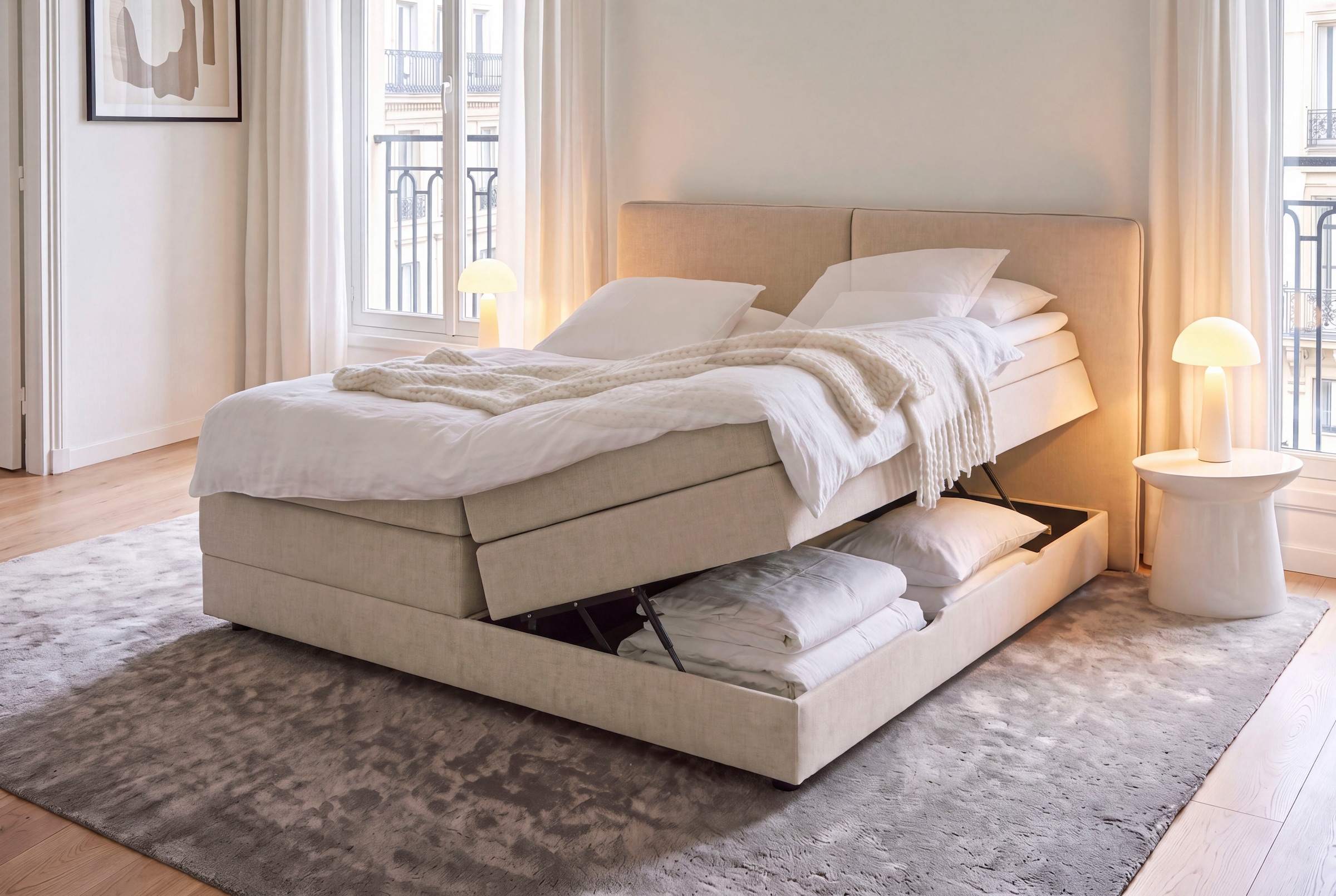 meise.möbel Lit de boxe »COLUMBIA, Polsterbett mit Bettkasten und Taschenfederkernmatratze H3« avec surmatelas en mousse froide, revêtement en tissu structuré, surface de couchage 180x200 cm