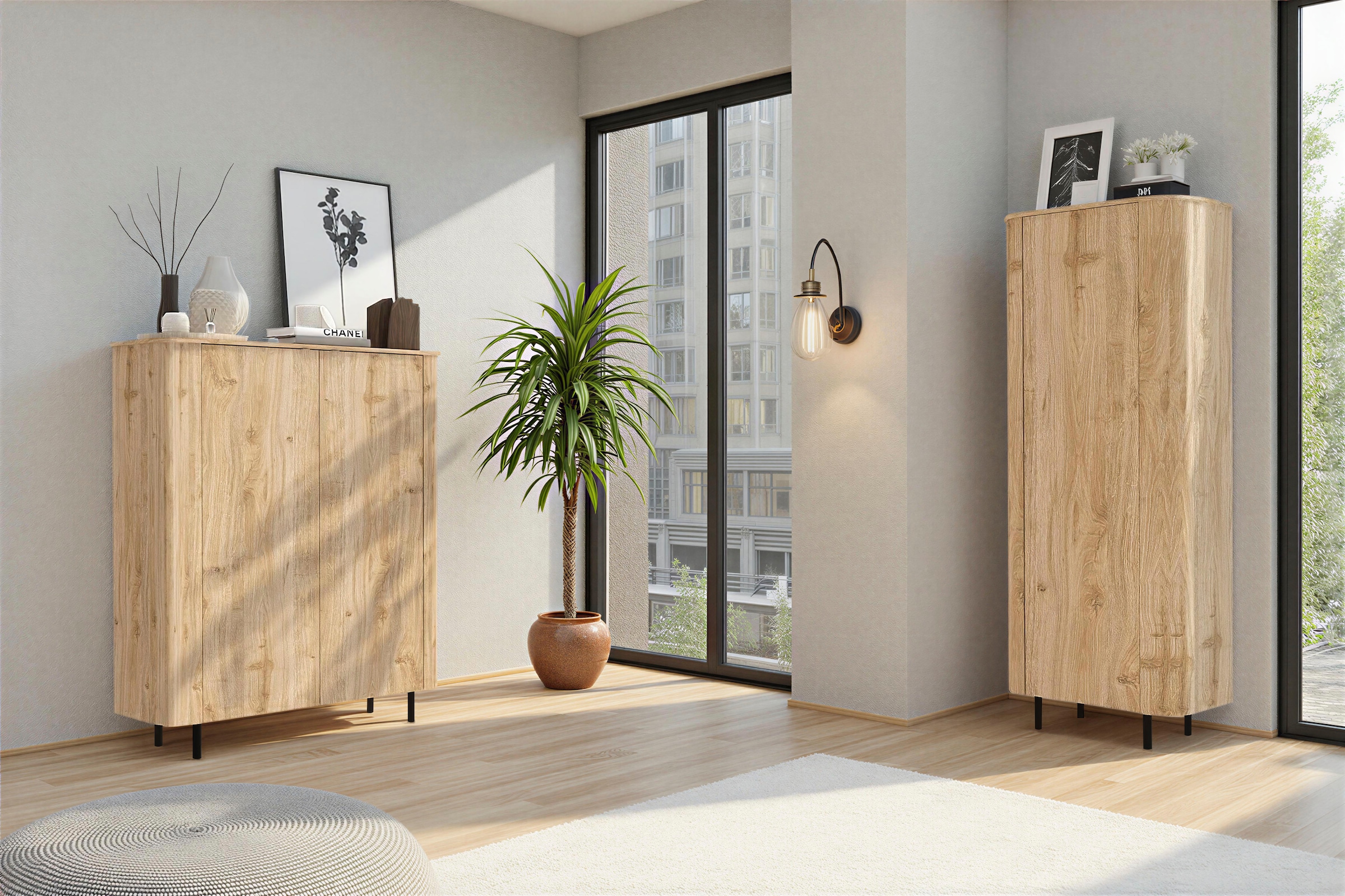 Home affaire Hochschrank »Murano, Stauraumschrank H 200 cm, B 80 cm, 1 Tür, Mehrzweckschrank« Formgebogenes MDF, Stirnseiten mit Rundung, Füsse und Griffe aus Metall