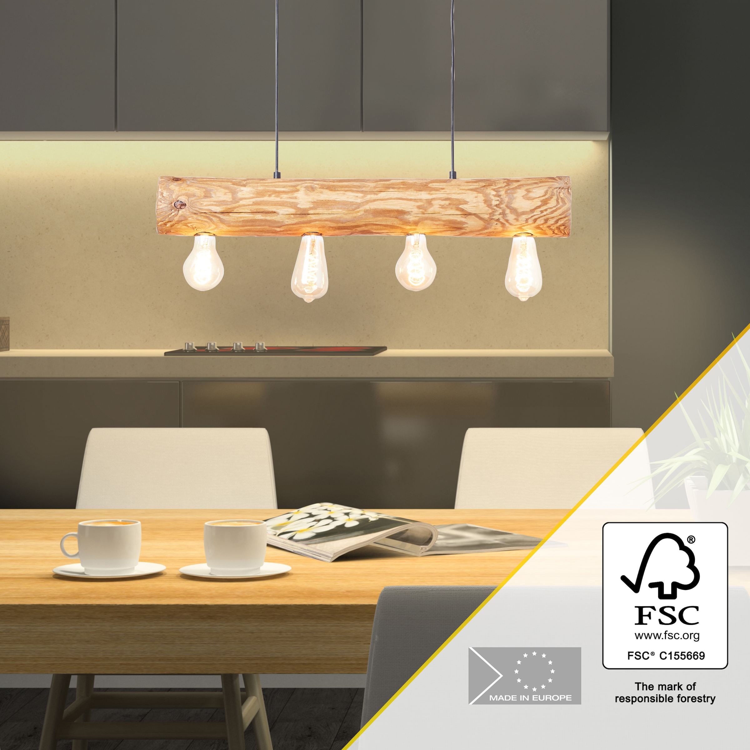 Brilliant Lampe suspendue »Trabo« 1 cuis 105cm Höhe, 70cm Breite, 4 x E27, kürzbar, Holz/Metall, kiefer gebeizt