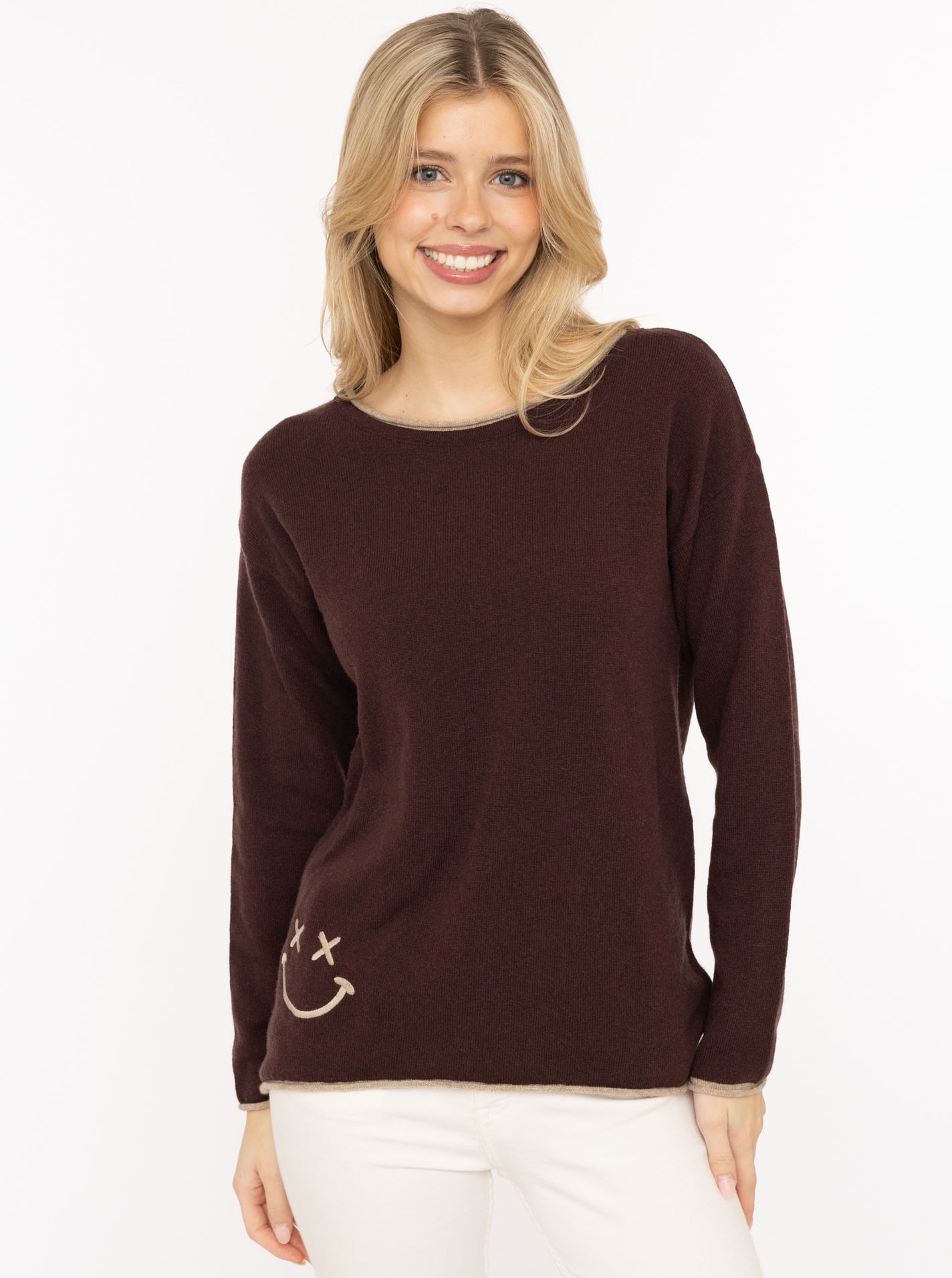 Zwillingsherz Rundhalspullover »"Happy Face"« Stickerei, aufgerollte kontrastfarbige Bündchen