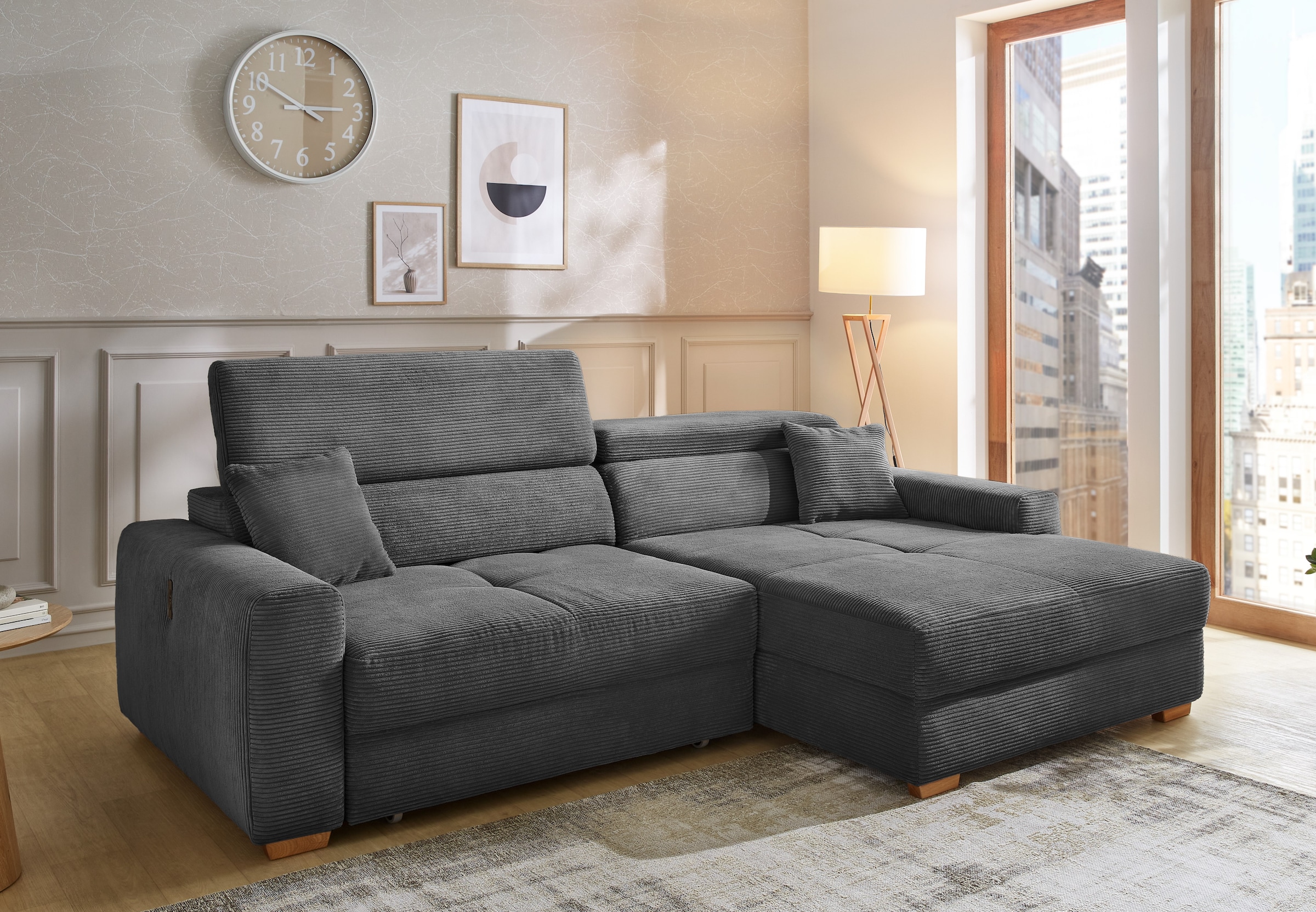 Jockenhöfer Gruppe Ecksofa »Slider L-Form, B: 277 cm Couch, 60cm elektrische Sitztiefenverstellung« 140kg Belastbarkeit, USB-Anschluss, Kopfteilverstellung & Zierkissen