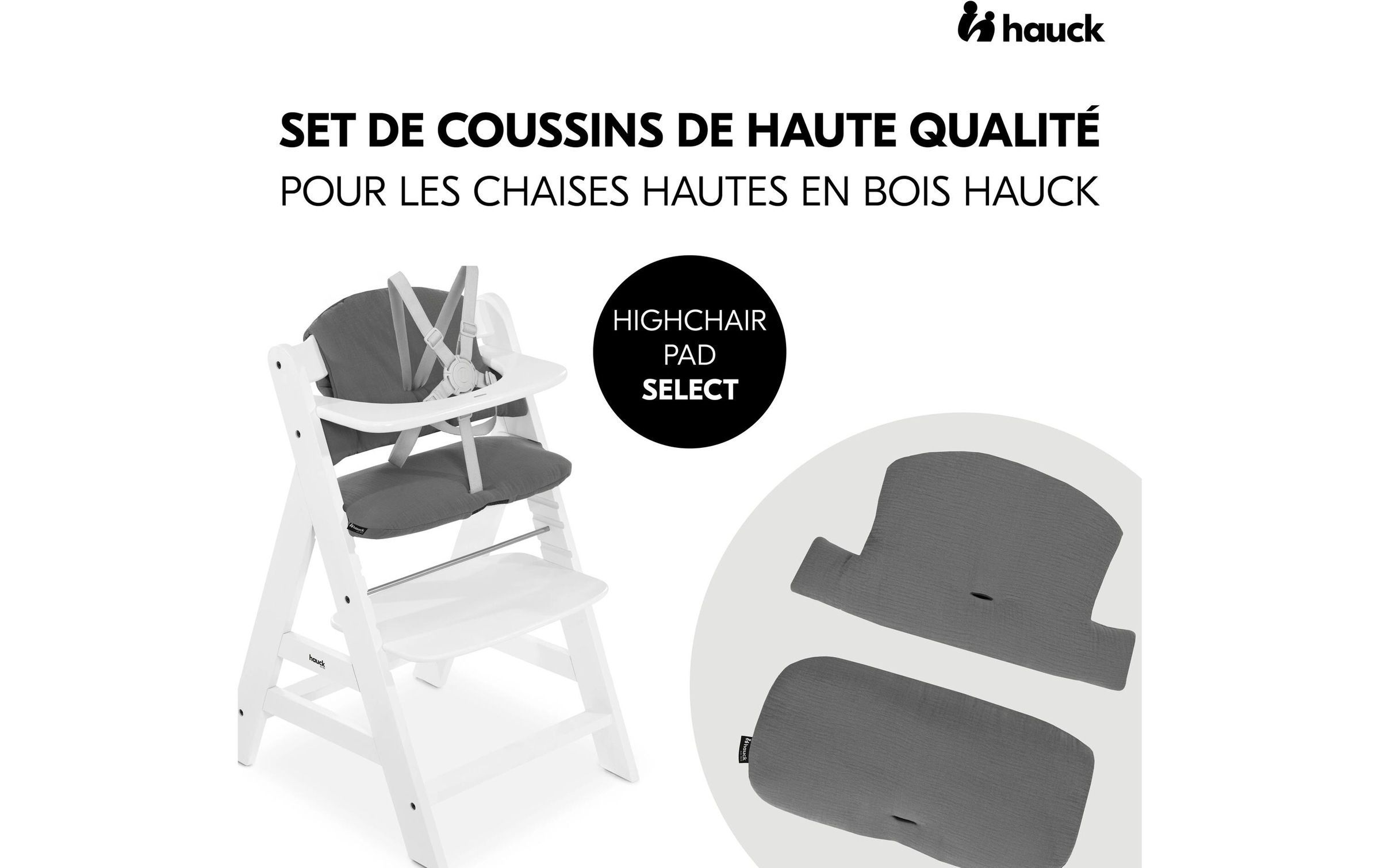 Hauck Housse de siège pour enfant »Highchair Pad Select Muslin, dark Grey« pour les chaises hautes en bois hauck Alpha+, Beta+ et Arketa