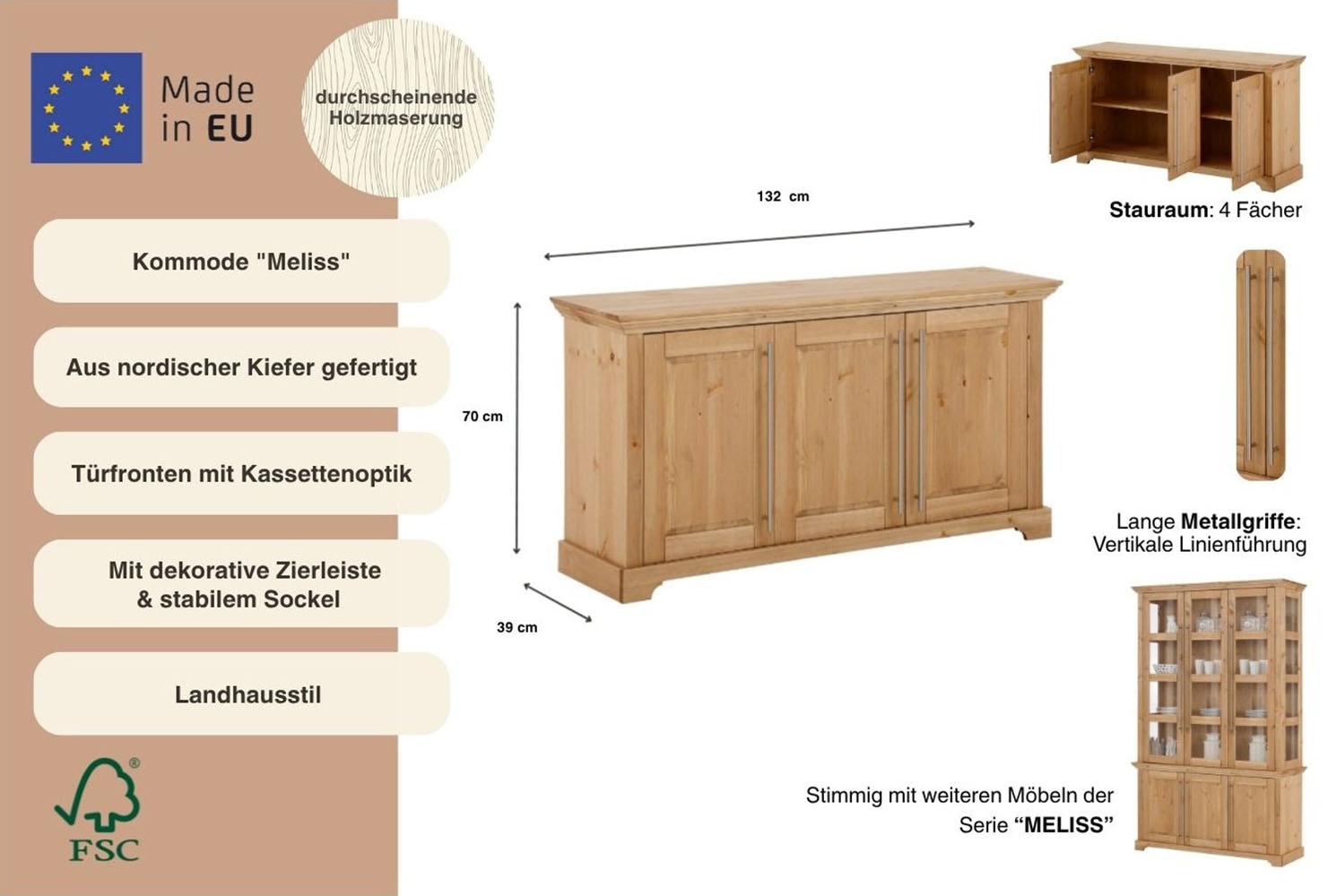 Home affaire Commode »Meliss« aus massiver Kiefer, FSC® zertifiziert, 3-türig, Breite 132 cm