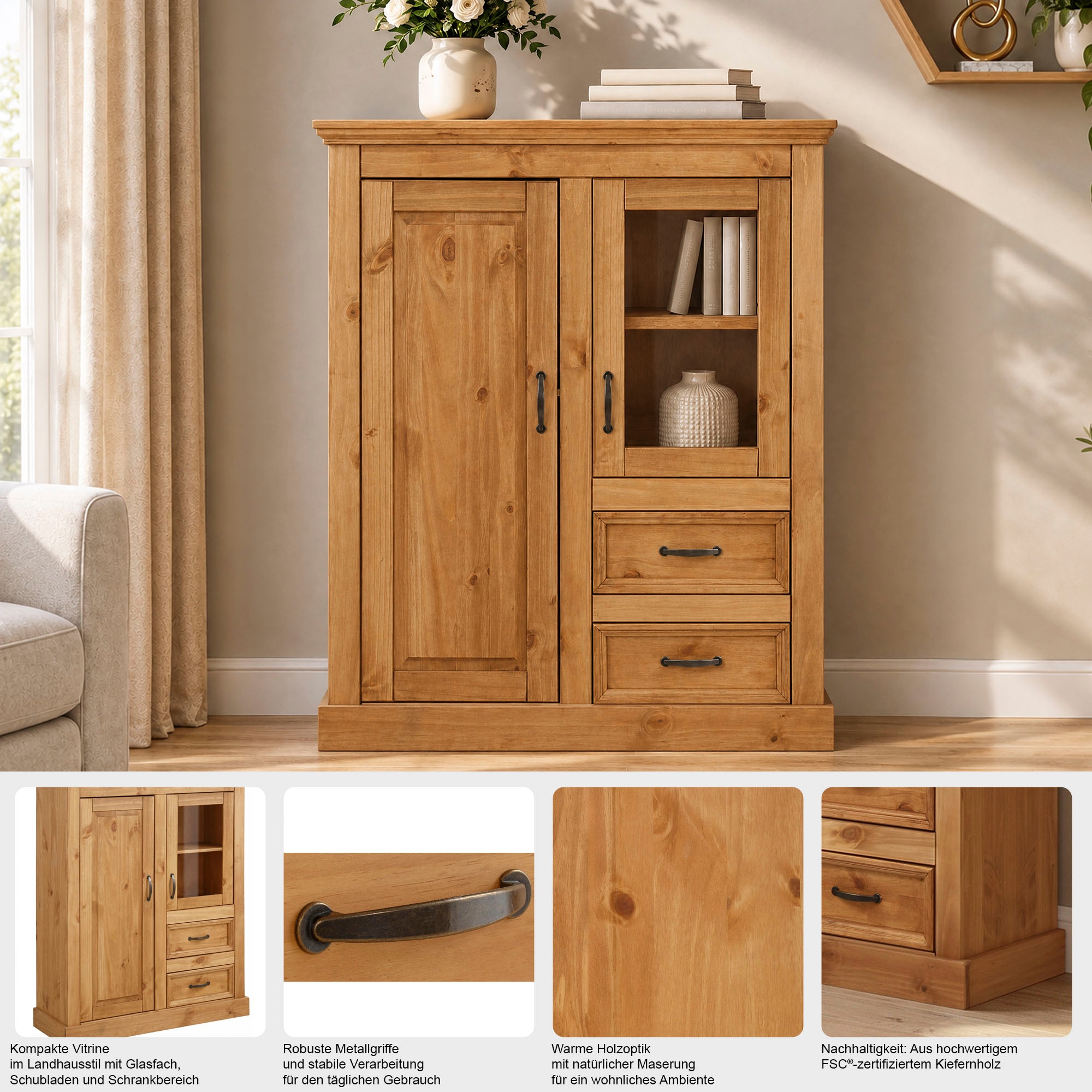GOODproduct Highboard »Selma Vitrine mit 2 Türen, eine davon mit Glaseinsatz und 2 Schubläden« aus massivem Kiefernholz, mit einer natürliche Maserung, Metallgriffe