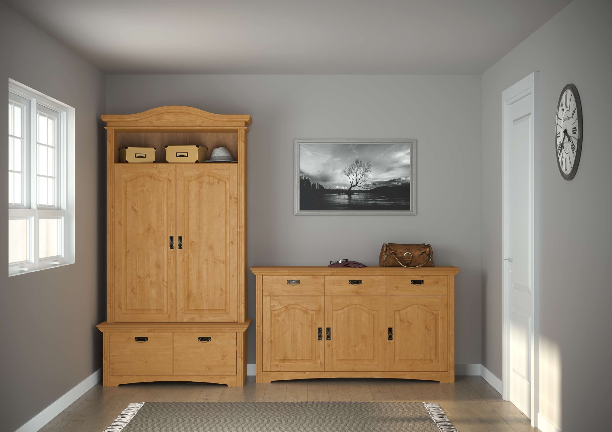 GOODproduct Wäscheschrank »Konrad, mit Bank, Garderobenschrank, Schubladen, Massivholz« H/B/T mit Bank ca. 206/110,5/70 cm,  viel Stauraum, langlebige Qualität, ausziehbare Kleiderstange