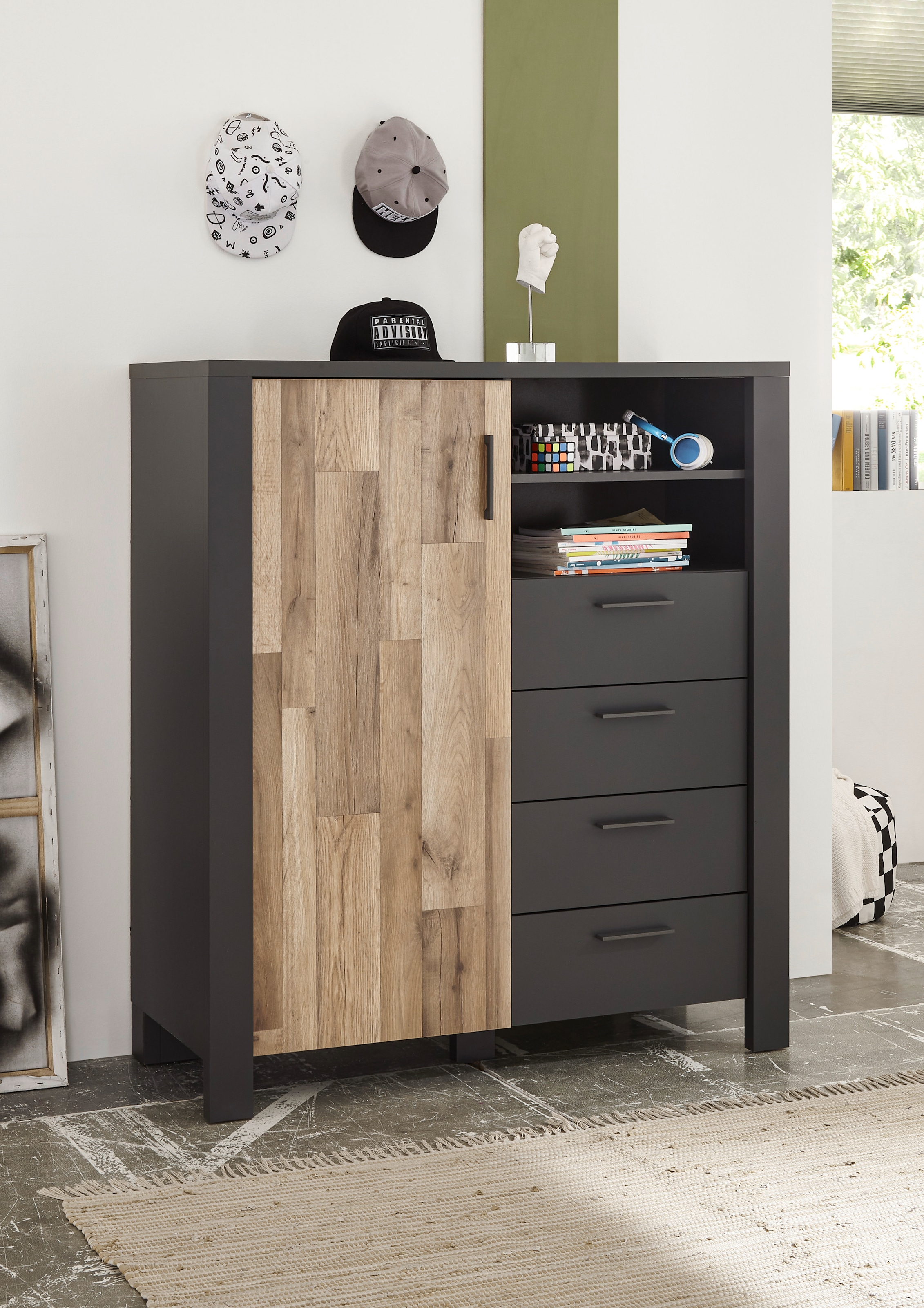 Begabino Schubkastenkommode »Dallas Hochkommode, Sideboard, Wäscheschrank« mit Schubkästen, Schrank in Montana Oak-Graphit