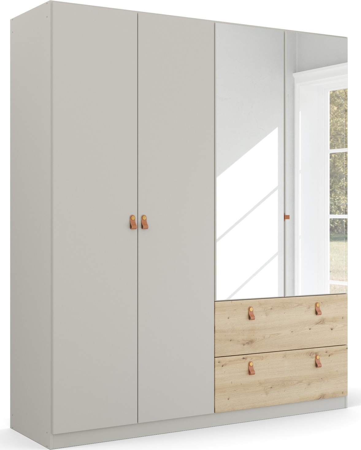 rauch Drehtürenschrank »Kleiderschrank Schrank Garderobe Ankleide HOMEY BY QUADRA SPIN« Breiten: 181/226/271 cm, Höhe 210 cm,  mit cognacbraunen Ledergrifflaschen, Schubladen in Eichen-Dekor