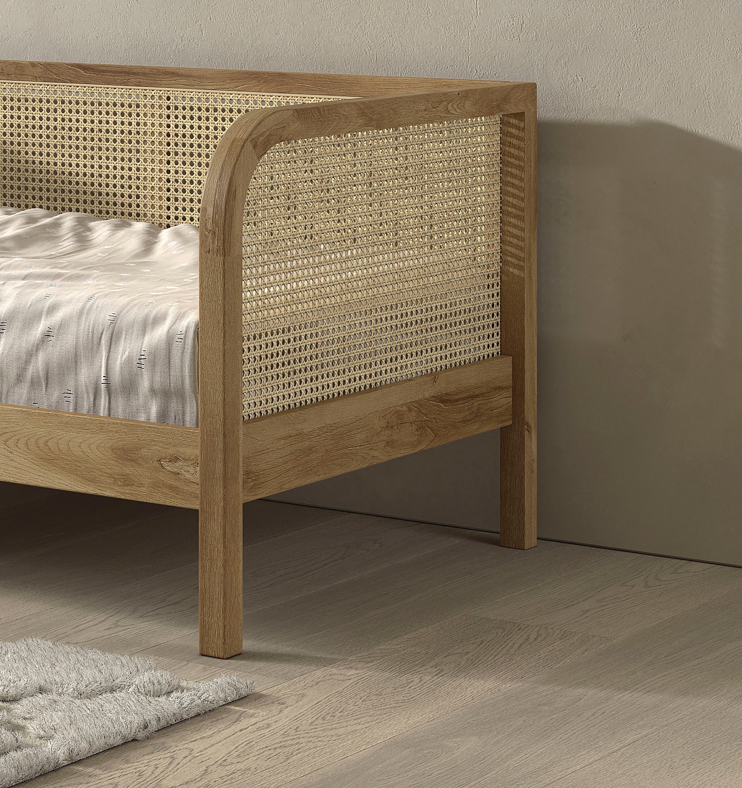 Vipack Lit »Olive, mit Eiche massiven Bettpfosten, Bettseiten furniert« L/H/P env. 210x75x96,6 cm, finition naturelle, design intemporel,  90/200 incl. sommier à lattes et têtes et côtés en rotin tendance