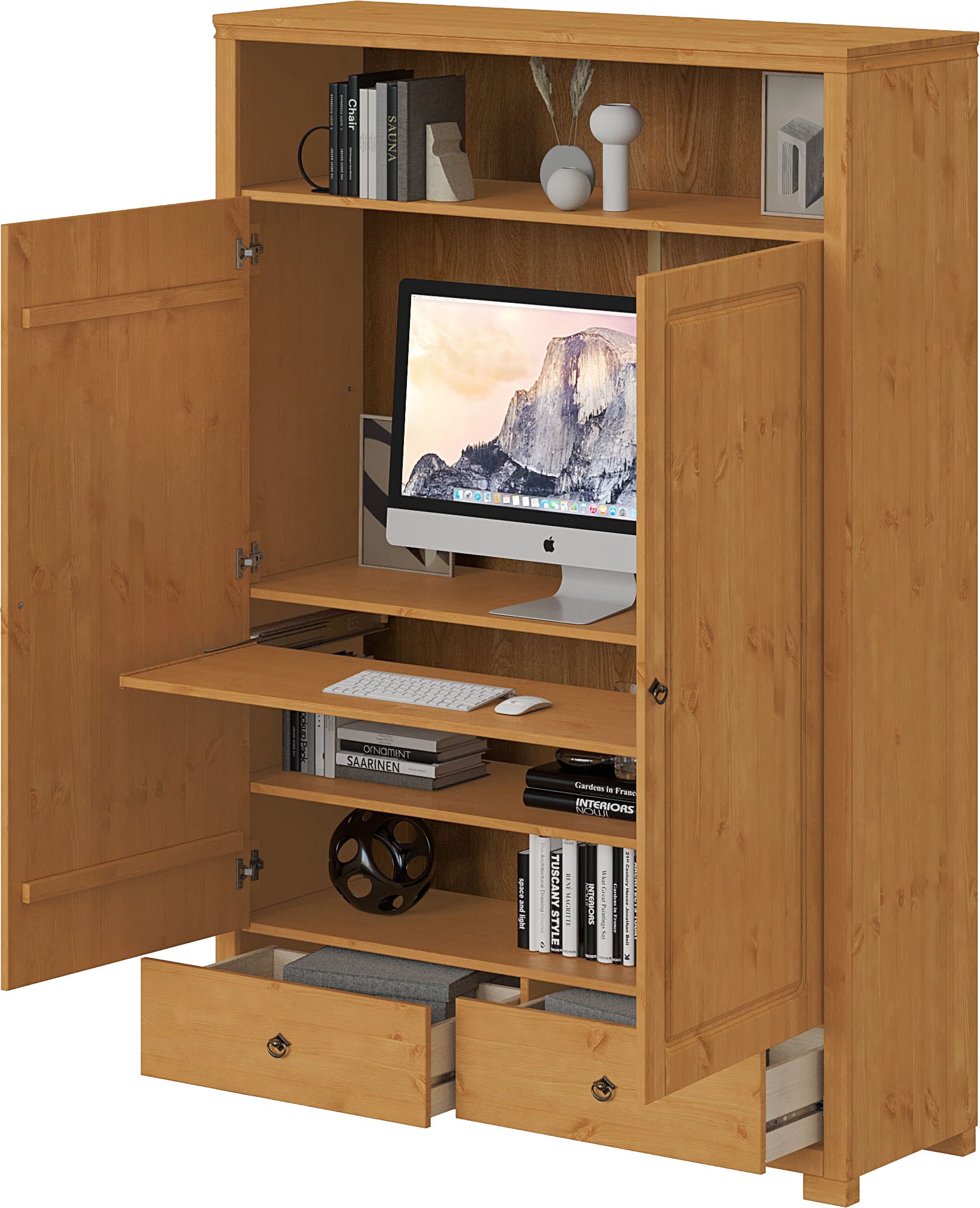 GOODproduct Wäscheschrank »Gotland! Home Office Schrank, Mehrzweckschrank, Büroschrank« H/B/T ca. 180/125/40cm,  mit Ausziehregal, Schublade, stabil + langlebig, Massivholz made in EU