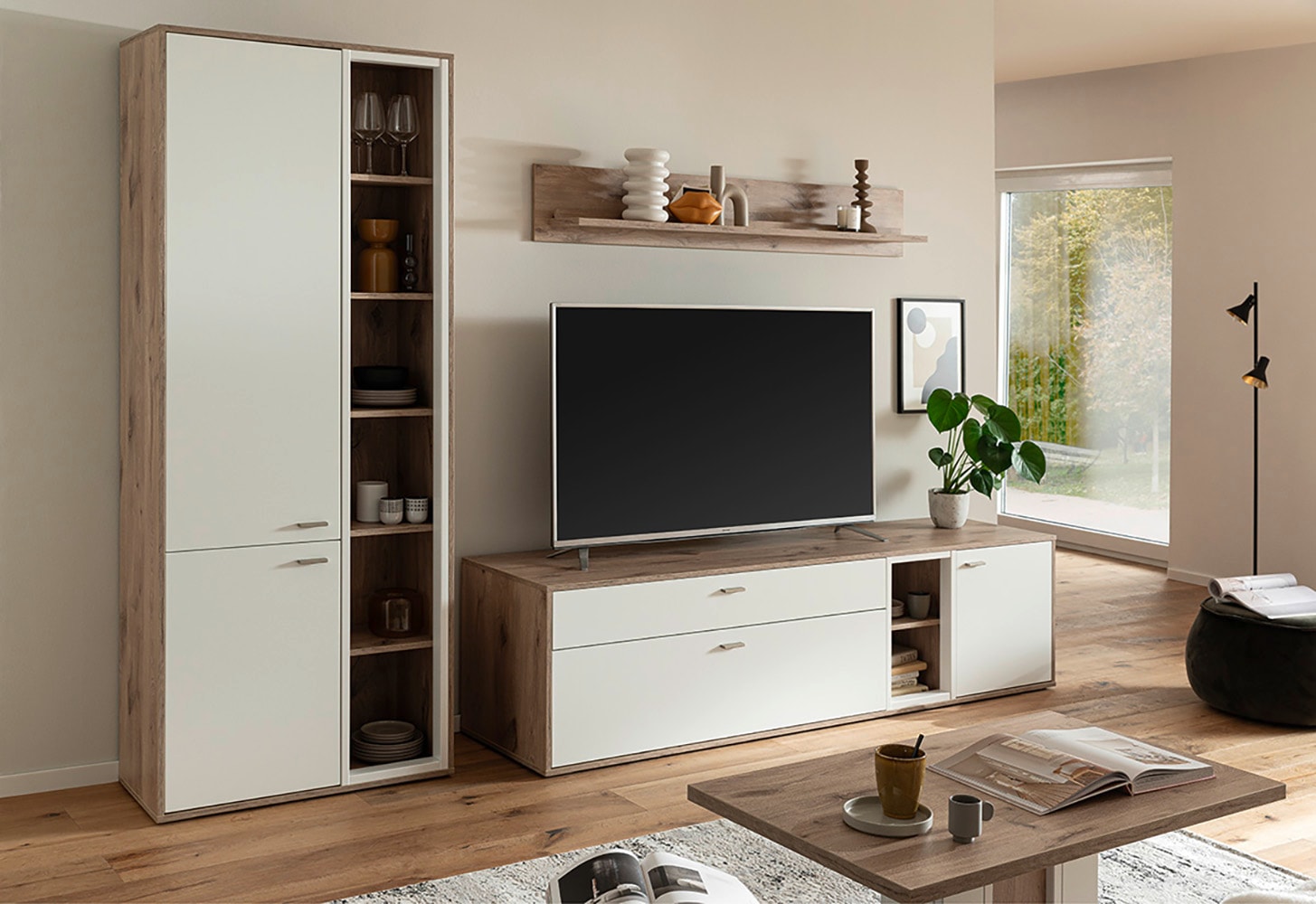 MCA furniture Couchtisch »SANTERNO Couchtisch mit Säule« 1 Stk. tlg. Tisch, Soft White/Viking Oak, mit Säule, belastbar 50kg, Breite 95 cm