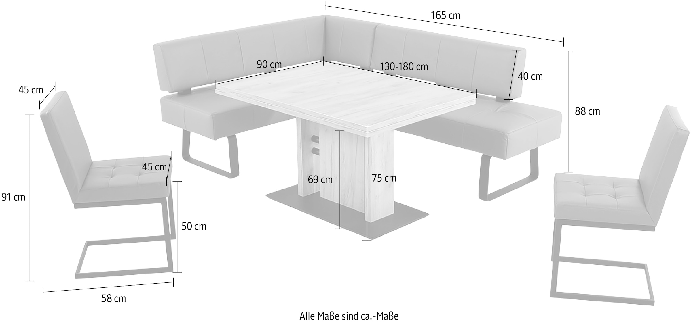 K+W Komfort & Wohnen Ensemble de salle à manger »Spider II« 4 cuis tlg. longue jambe au choix en 2 largeurs, 2 fauteuils à bascule, 1 table