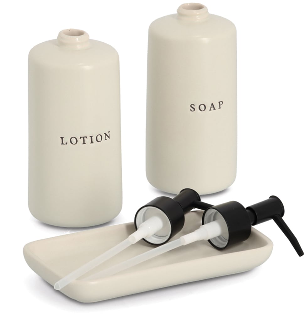 Zeller Present Distributeur de savon »Seifen-/Lotionspender-Set, 3-tlg., Keramik« Beschriftung: Seife und Lotion, minimalistisch und modern