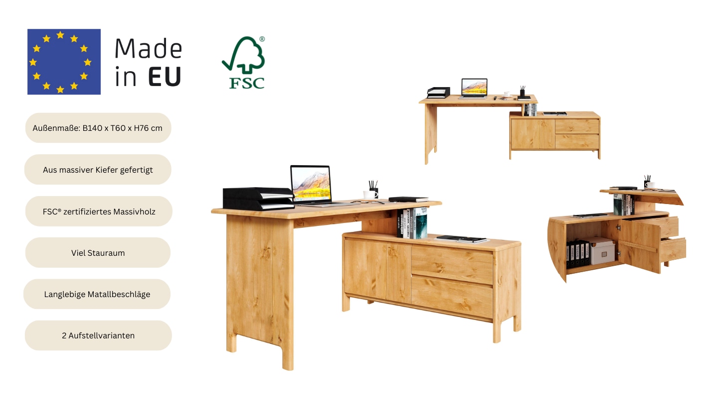 Home affaire Schreibtisch »Luven, aus Massivholz« in 2 Breiten, variable Nutzung als Schreibtisch oder Eckschreibtisch