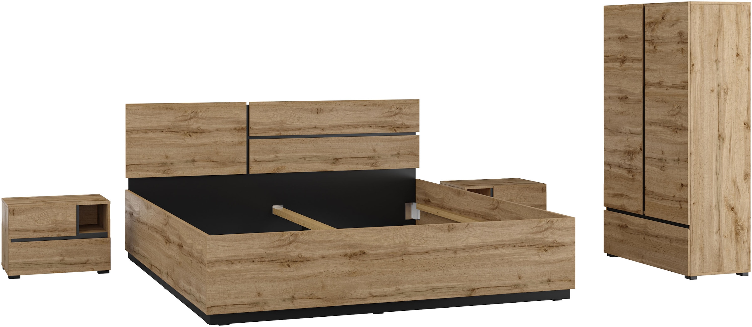 GOODproduct Schlafzimmer-Set »Cross, moderne, grifflose Optik, FSC-zertifiziert« Bett 180x200cm, 2 Nachtkommoden, Schrank 2-oder 4-türig, 4 Stk. tlg. Komplettschlafzimmer-Set