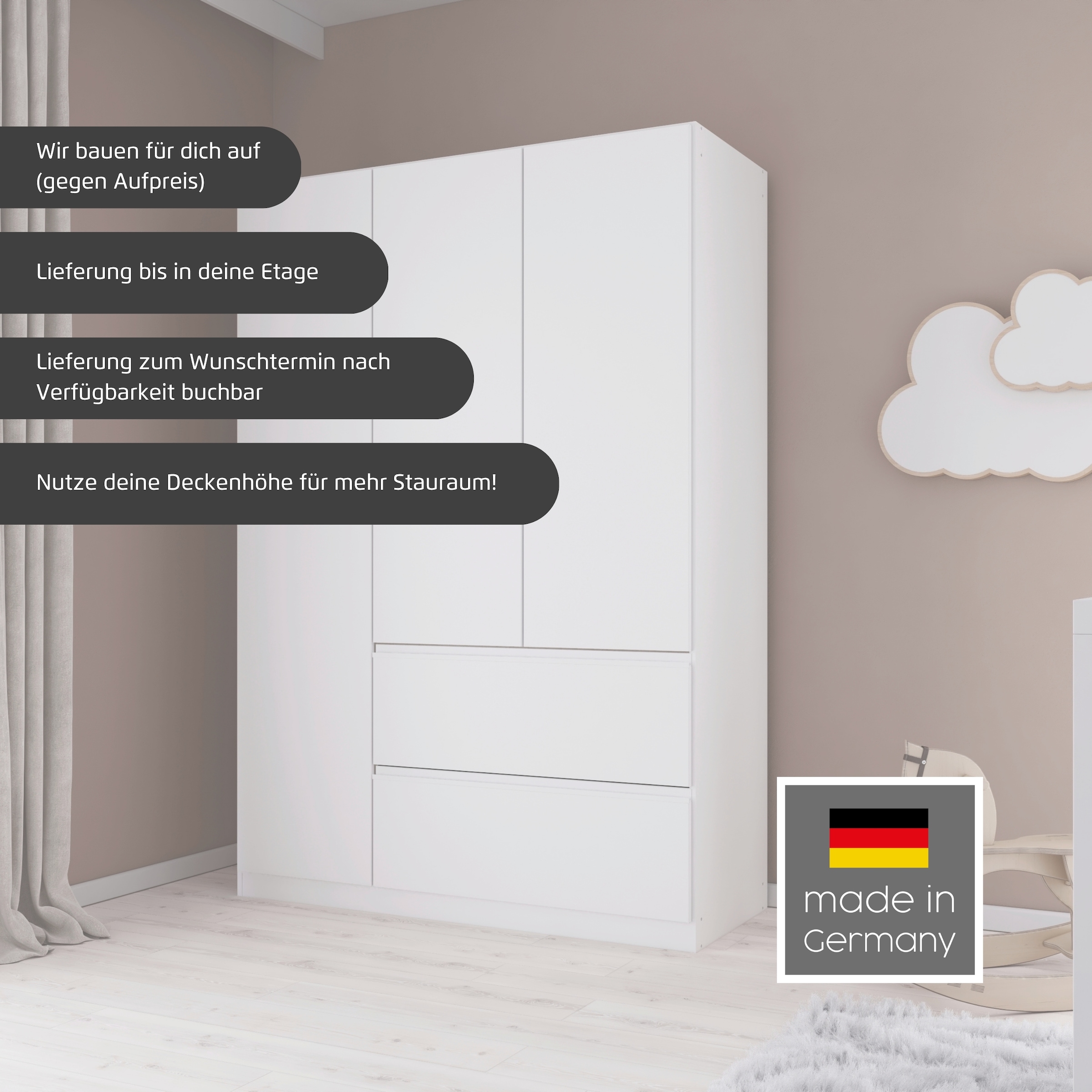 rauch 1100000002199 »Kleiderschrank Schrank Garderobe Wäscheschrank Schlafzimmer JOEL« in 3 verschiedenen Ausstattungen BASIC/CLASSIC/PREMIUM,  mit zwei Schubladen, mit Push-to-Open Funktion MADE IN GERMANY