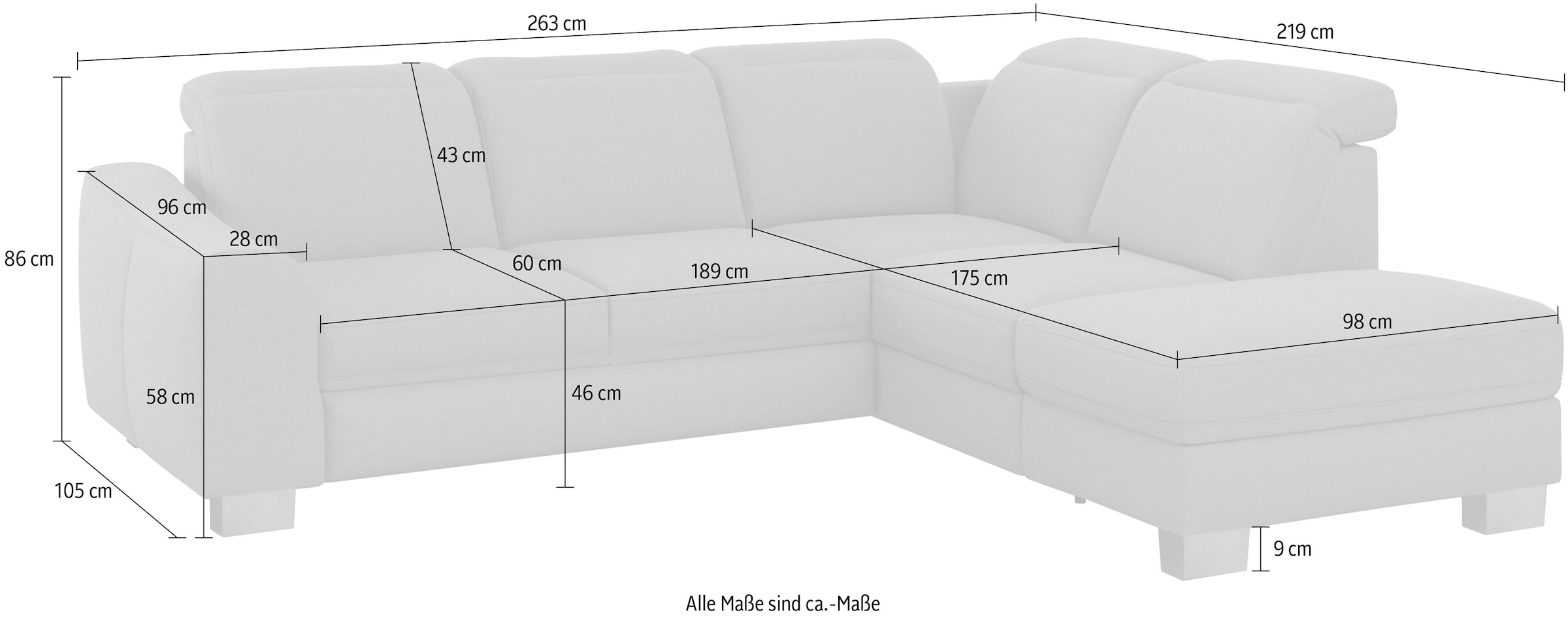sit&more Canapé d'angle »Dundee L-Form« mit Federkern und Edelstahlfüssen, wahlweise mit Kopfteilverstellung