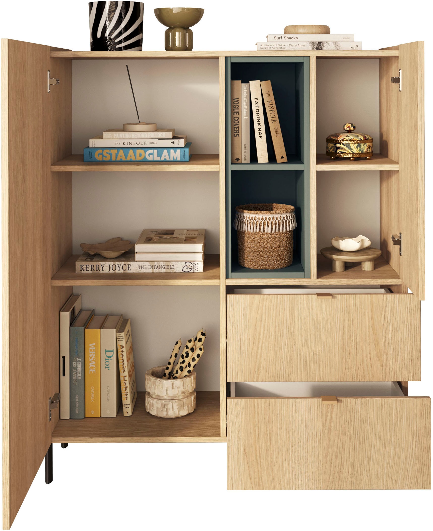 GOODproduct Buffet haut »Badia, B/H 101/124 cm, 2 Türen, 2 Schubkästen, Stauraumschrank« Top intégré, pieds métalliques droits, accents de couleur sauge