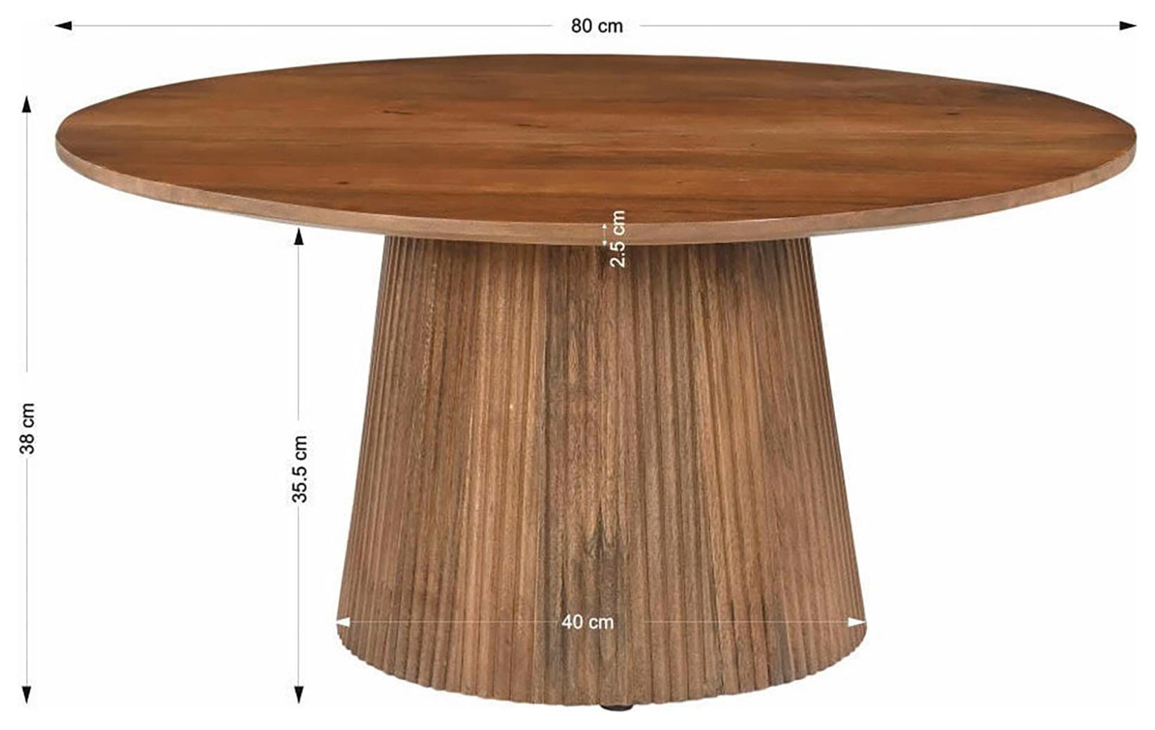 SIT Table basse »Brüssel aus Mangoholz mit Sockelfuss & Lamellendesign« Plateau de table rond Ø 80 cm et pied massif avec effet lamelles