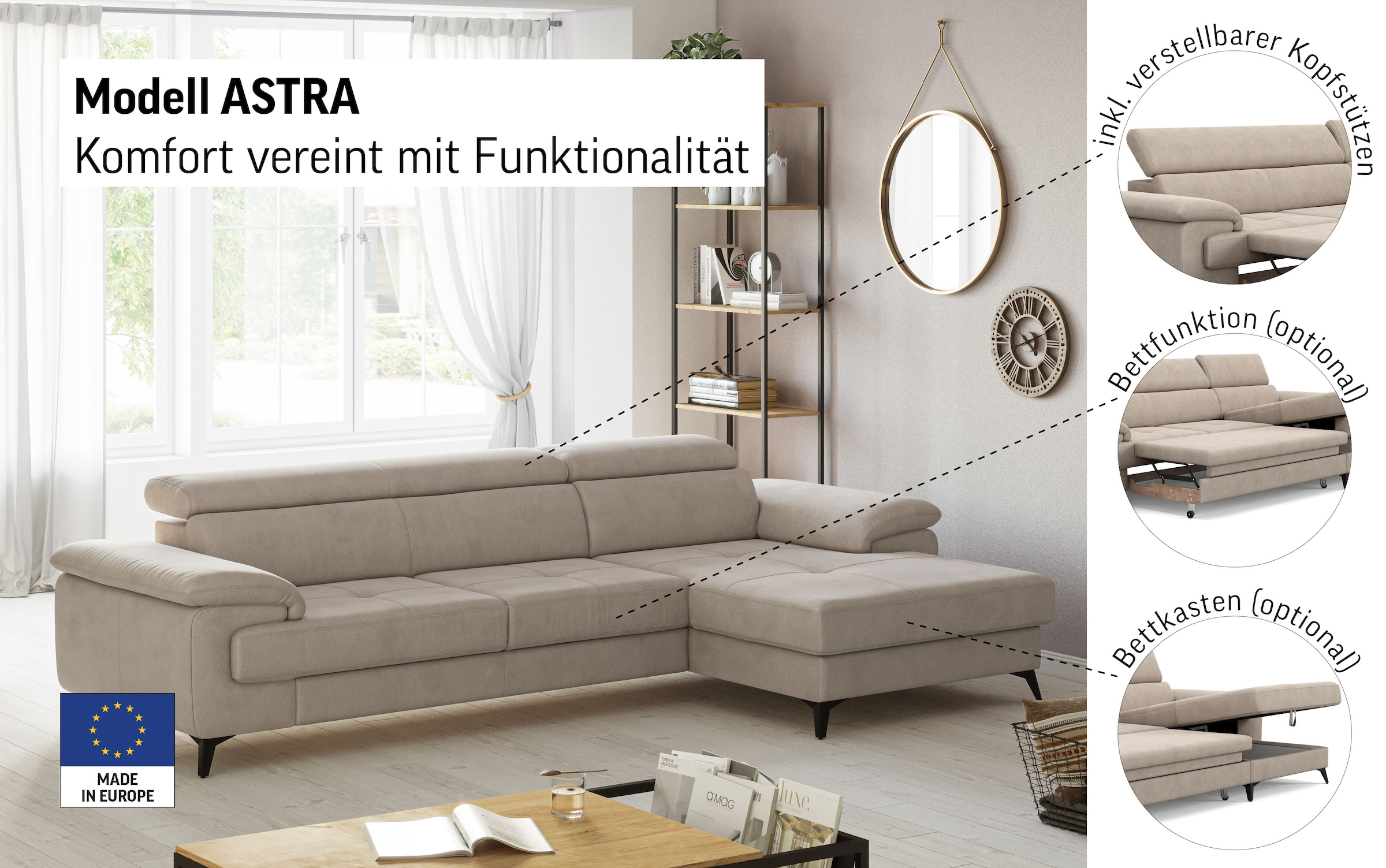 COTTA Canapé d'angle »Astra L-Form, B: 300 cm« mit Kopfteilverstellung, optional Bettfunktion & Bettkasten