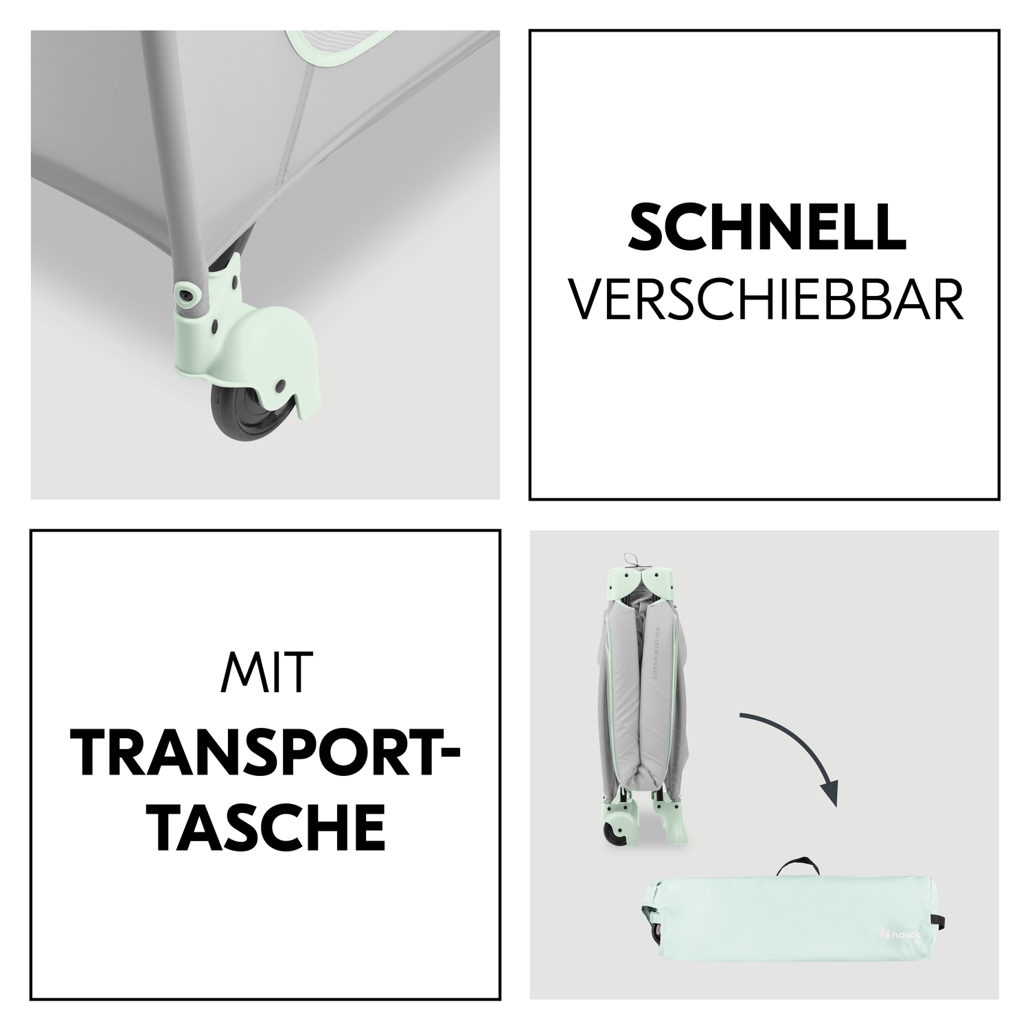 Hauck Baby-Reisebett »Sleep N Play Go Plus, Dusty Mint« mit integrierten Rädern; Vorderausstieg