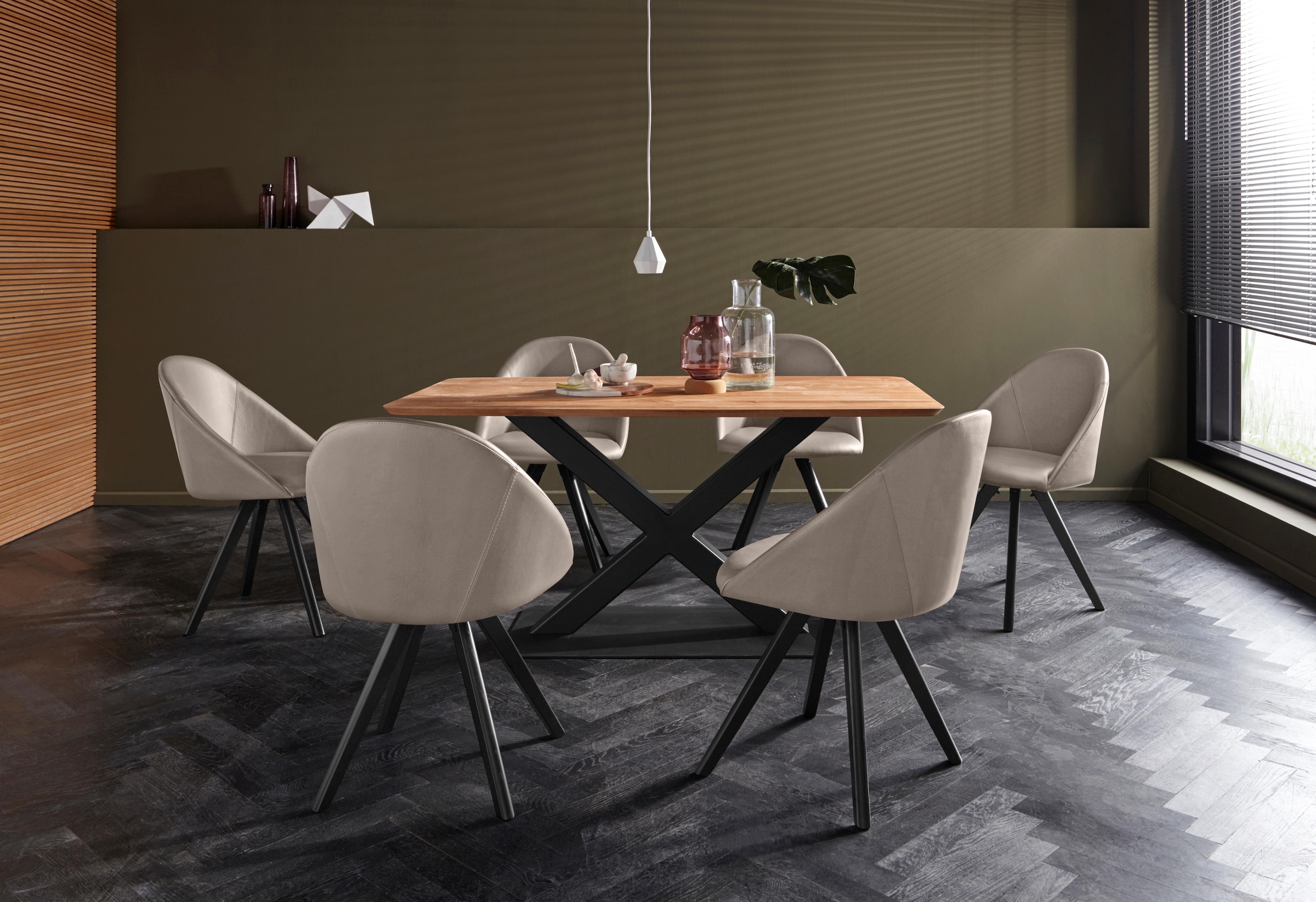 GOODproduct Chaise à 4 pieds »Lotos« (Set) 2 cuisBezug aus Echtleder und Gestell aus Eiche Massivholz