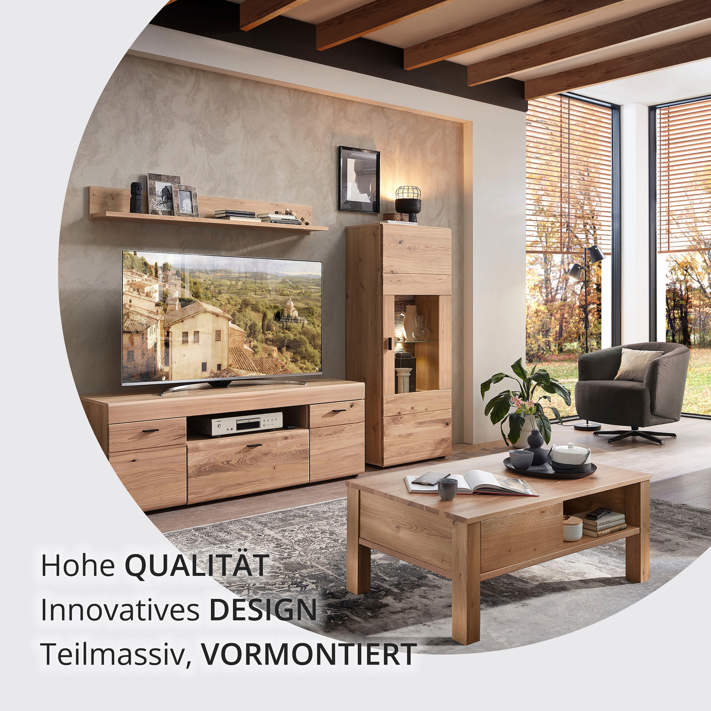 Wohnconcept Table basse »Malaga Couchtisch, 115x45x65 (BxHxT)« 1 cuis tlg. plateau en bois massif, 1 tiroir, 3 compartiments ouverts, protection d’angle ABS