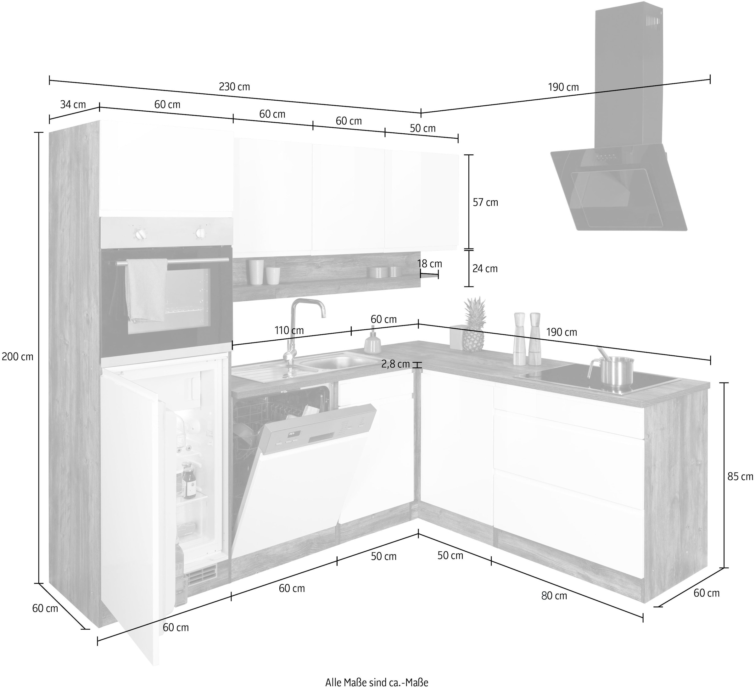 KOCHSTATION »KS-Virginia,neu in verbesserter Ausführung« Arbeitsplatte 38 mm stark, Stauraum, Softclose,  Stellbreite 230/190 cm, Soft-Close, ohne E-Geräte