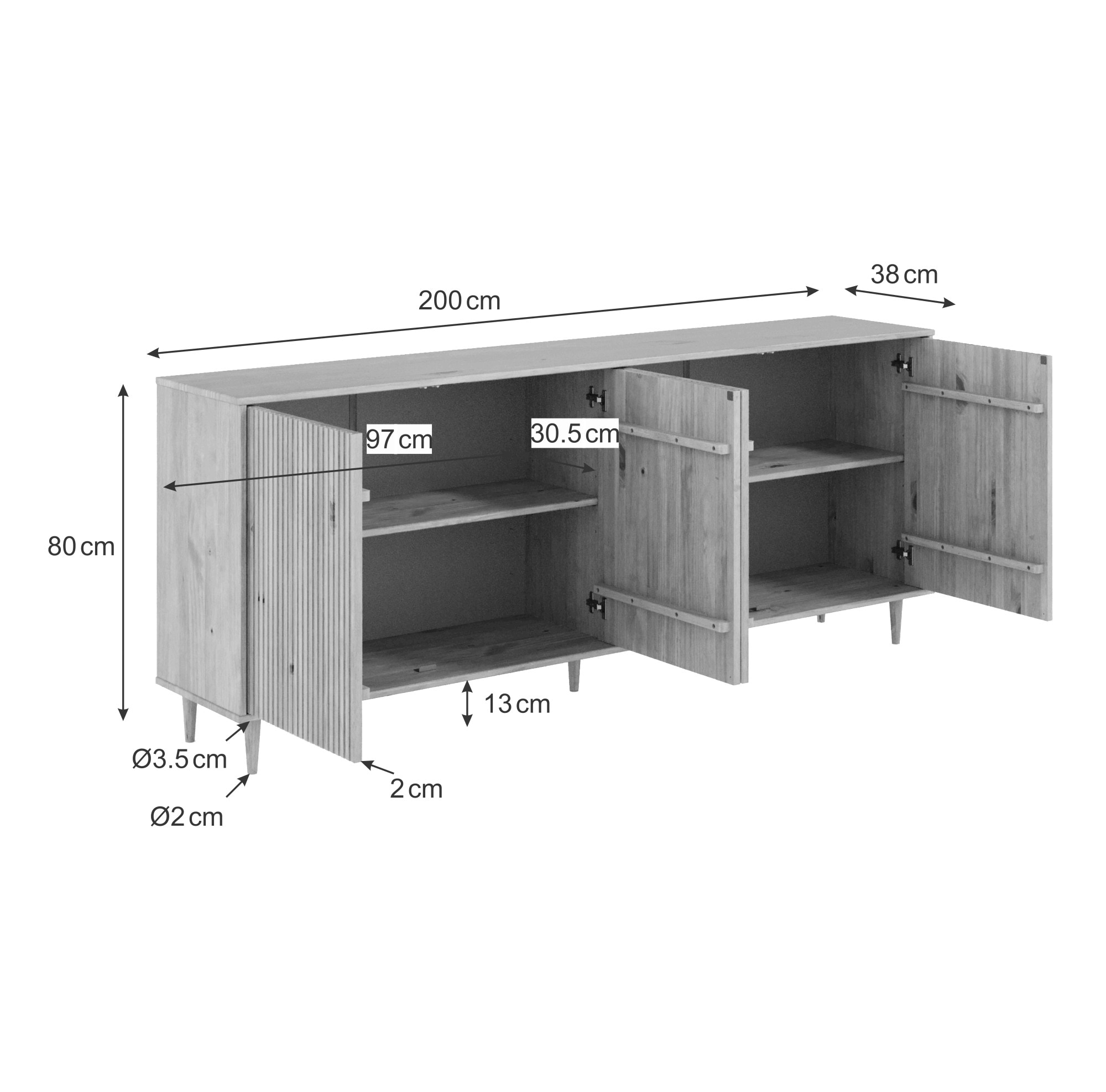 GOODproduct Buffet »Malmedy Front mit gefrästen Rillen« commode en pin massif, ouverture par pression, FSC, largeur 200 cm