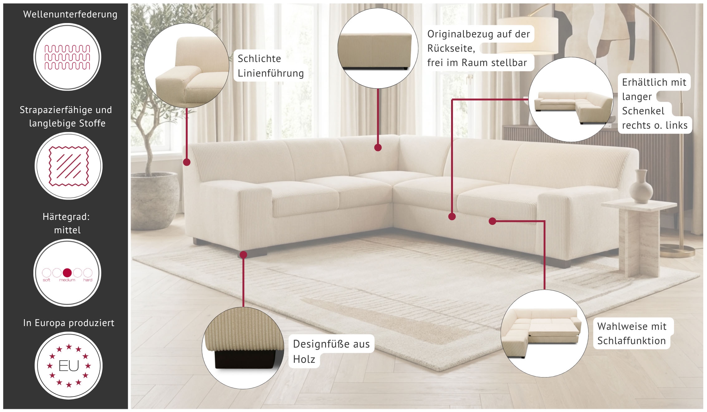 GOODproduct Ecksofa »Faxe 249 x 214 cm, auch mit Schlaffunktion« L-Form, aus pflegeleichtem, weichem Luxus-Microfaser Bezug