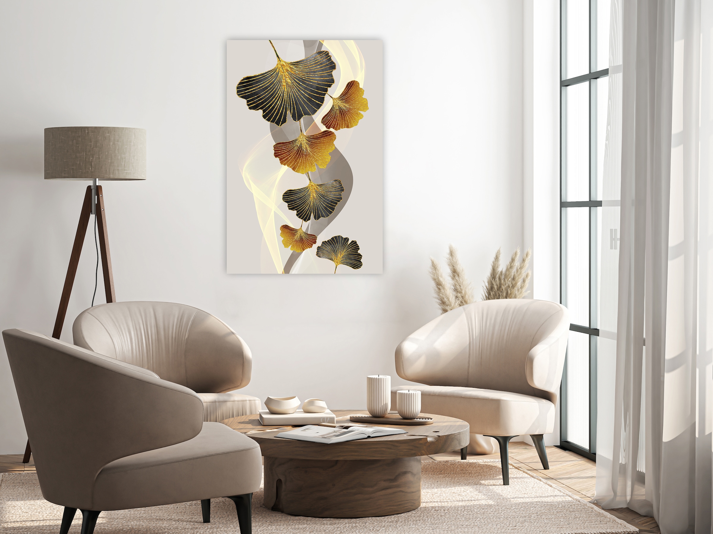 queence Tableau sur toile »Ginkgo in Gold und Grau, Canvas Bild von Hand bespannt« 1 cuis tlg. Motifs gingko intemporels dans des couleurs claires