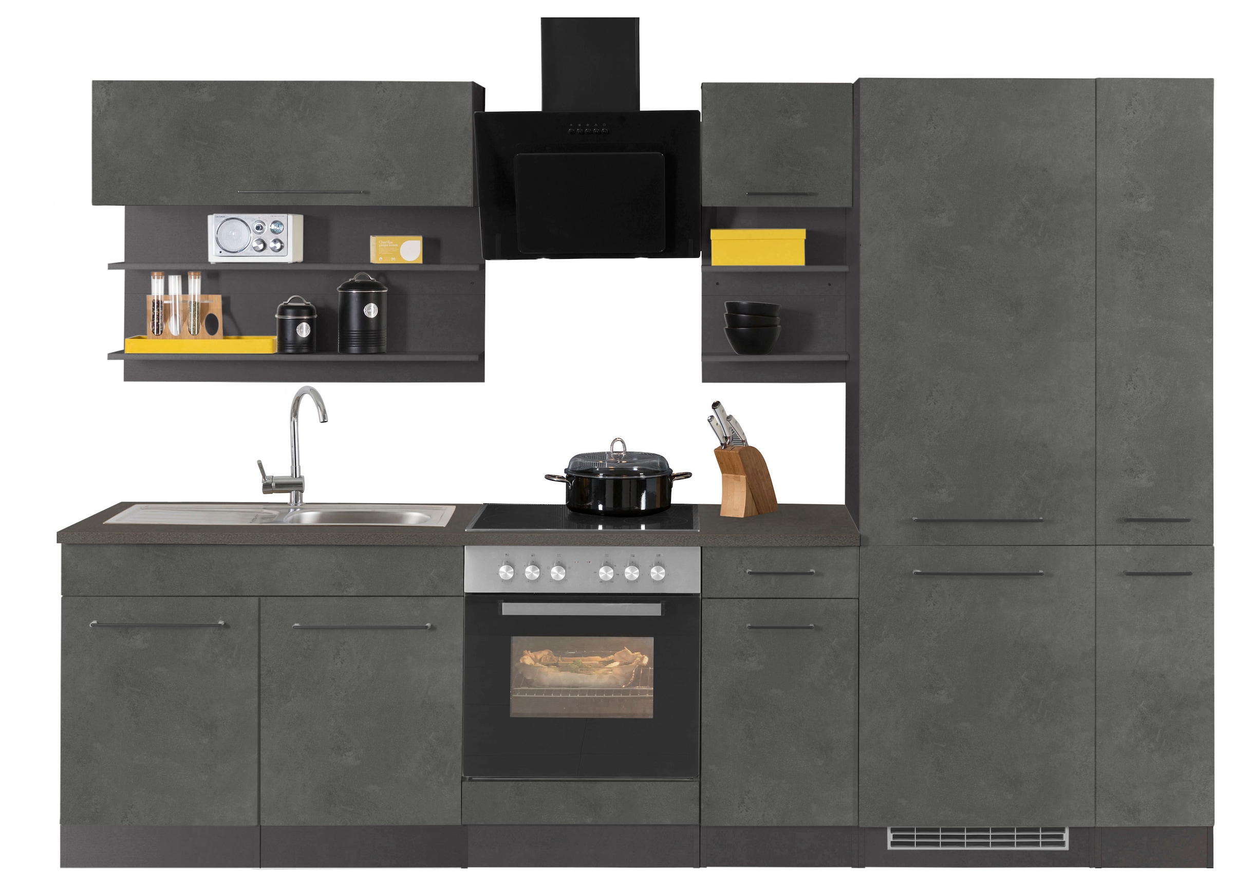 KOCHSTATION Küchenzeile »KS-Tulsa« ohne E-Geräte, Breite 300 cm, schwarze Metallgriffe, MDF Fronten