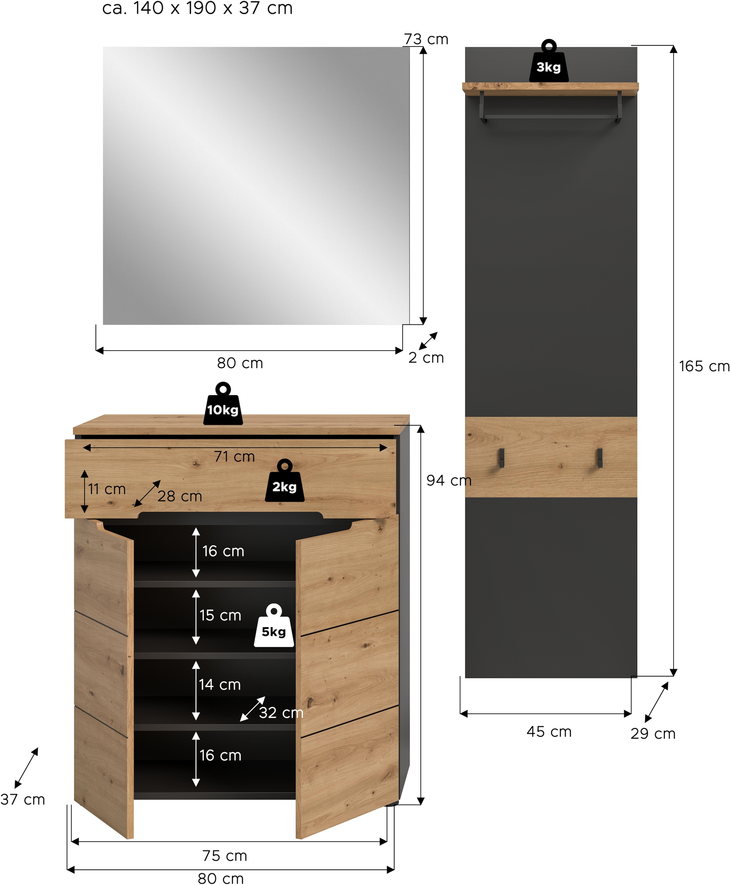 Home affaire Ensemble de vestiaires »REHAT, TOPSELLER!, 3-teilig, Breite 140 cm, individuell erweiterbar« Set, bestehend aus: Kommode, Spiegel und Garderobenpaneel, 3 cuis tlg.