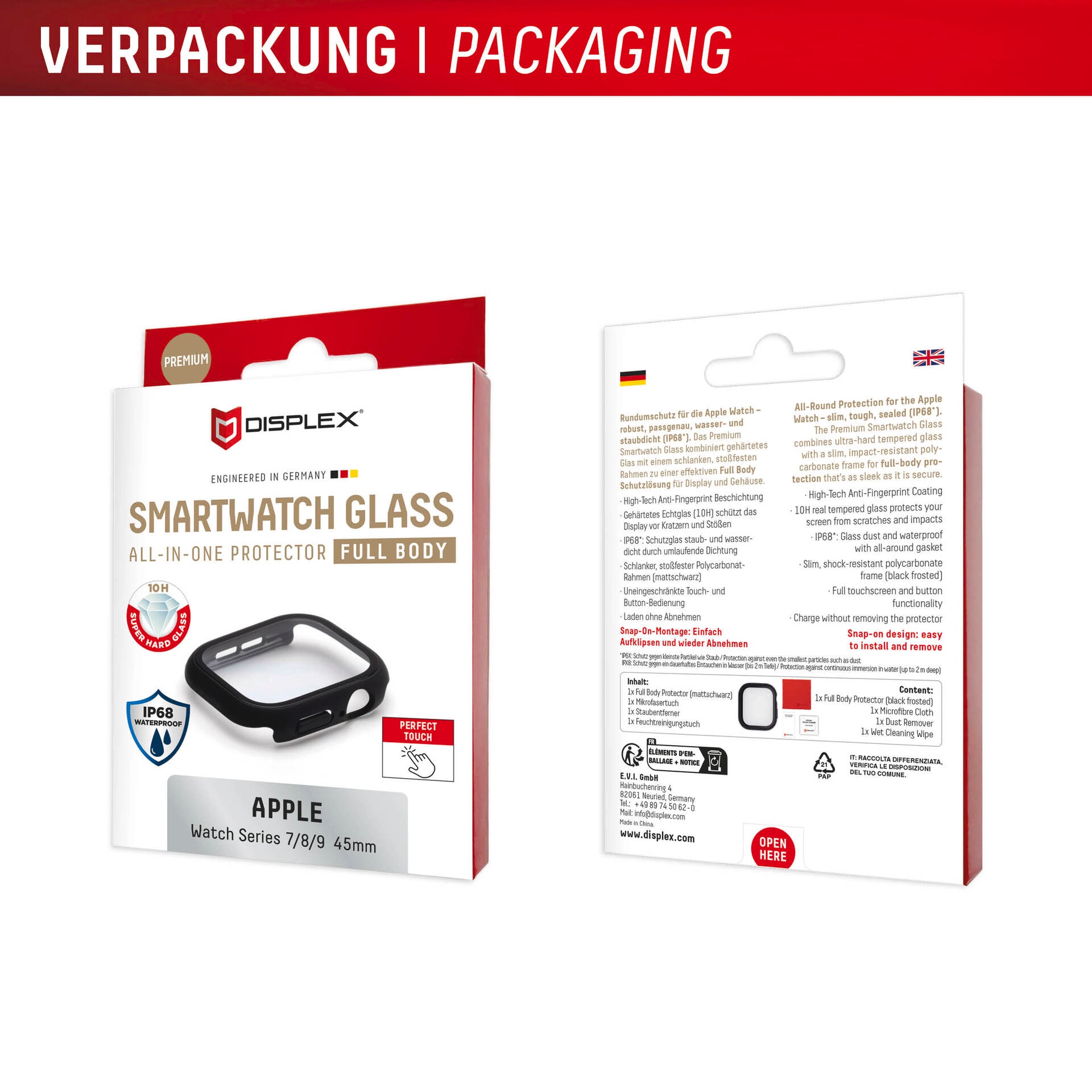 Displex Displayschutzglas »Smartwatch Glass All-In-One Protector Full Body« für Apple Watch Series 7 45 mm;Apple Watch Series 8 45 mm;Apple Watch Series 9 45 mm Displayschutzfolie, Schutzfolie, Bildschirmschutz, kratz- & stossfest