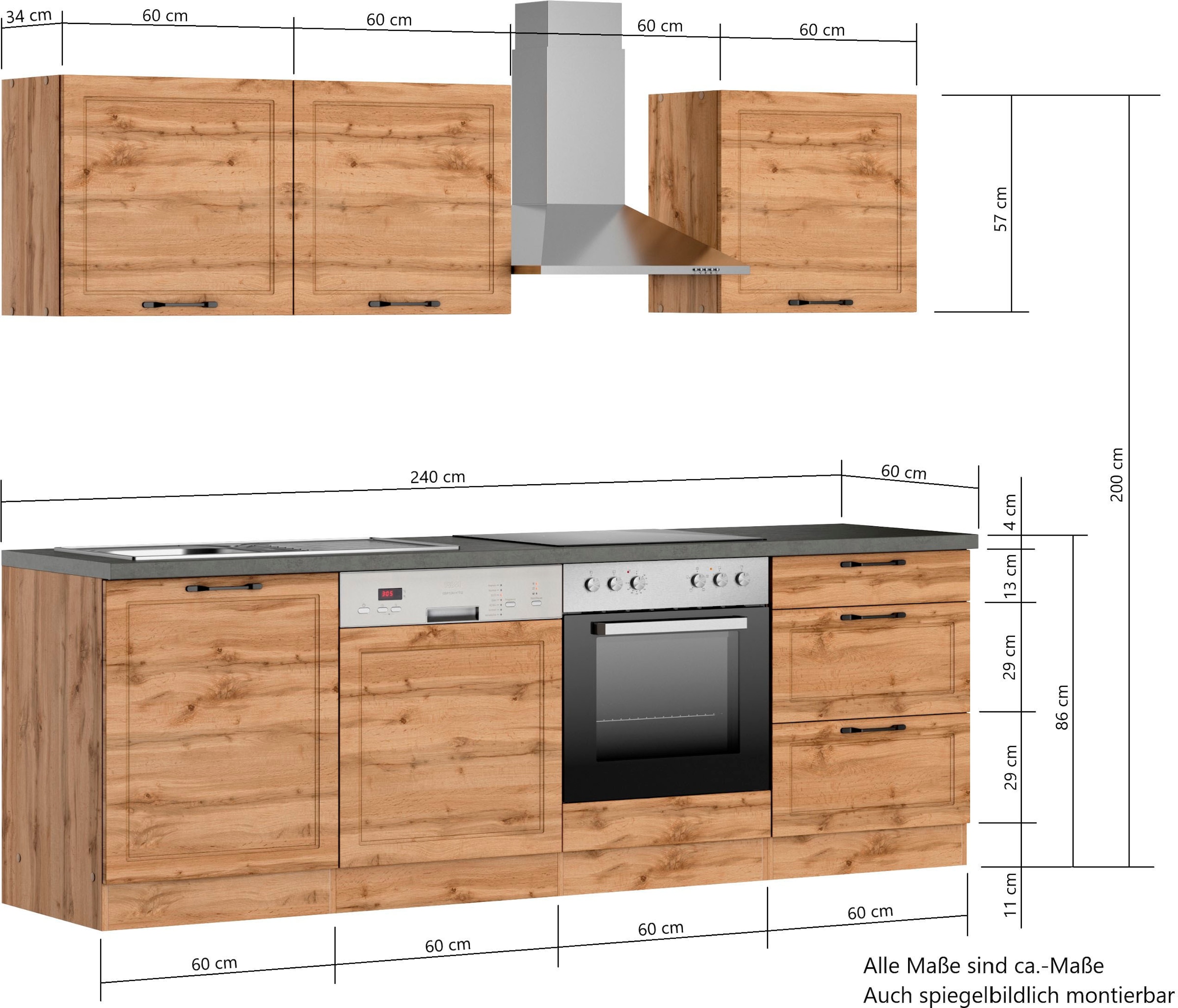 KOCHSTATION Kitchenette »KS-Lani, mit MDF-Fronten« largeur 240 cm, avec appareils électriques en option, pieds de compensation de hauteur 0-4 cm