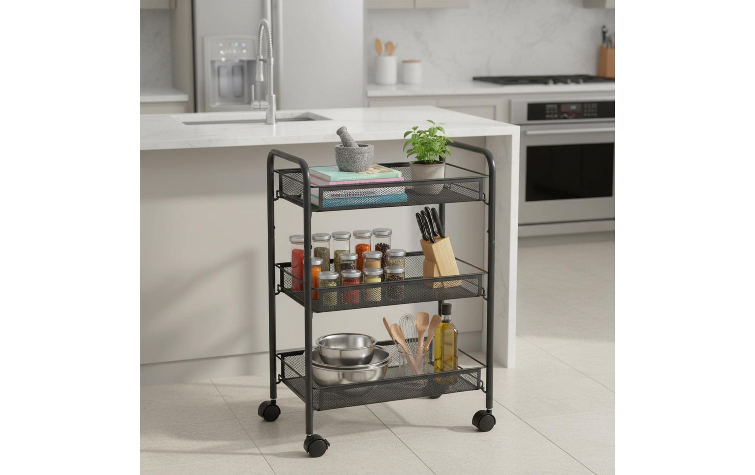 relaxdays Rollwagen »Mesh mit 3 Ebenen 63 x 44,5 x 26 cm« Mobiler Allzweckwagen mit 3 Mesh-Ablagen und 4 Haken in Schwarz