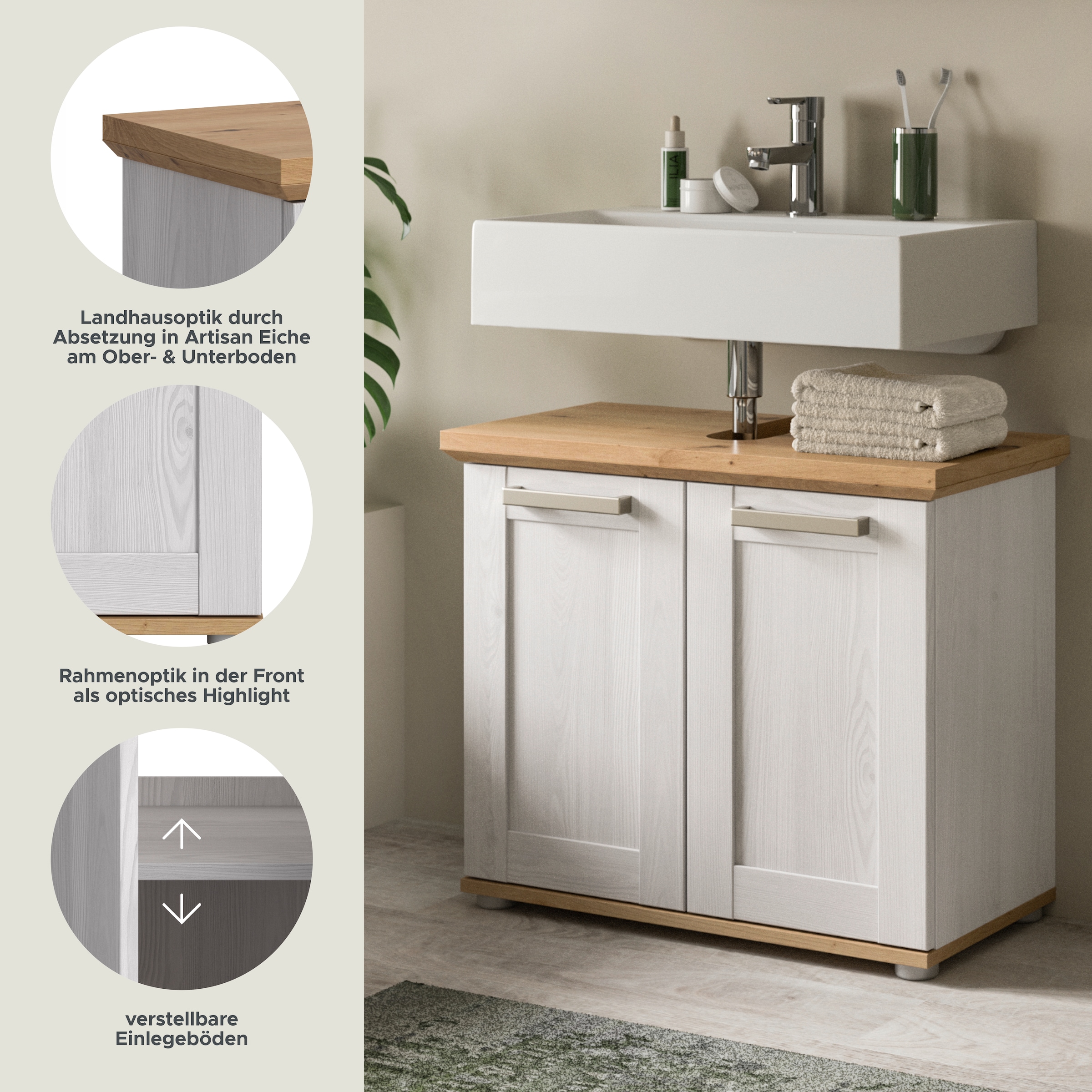 welltime Armoire sous lavabo »COSENZA, Breite 69cm, 2 Türen, 1 Einlegeboden, mit Siphonausschnitt« in Landhausoptik, mit weiteren Artikel der Serie kombinierbar, 1 cuis tlg. Waschbeckenunterschrank, WBU, Bad, Badezimmer
